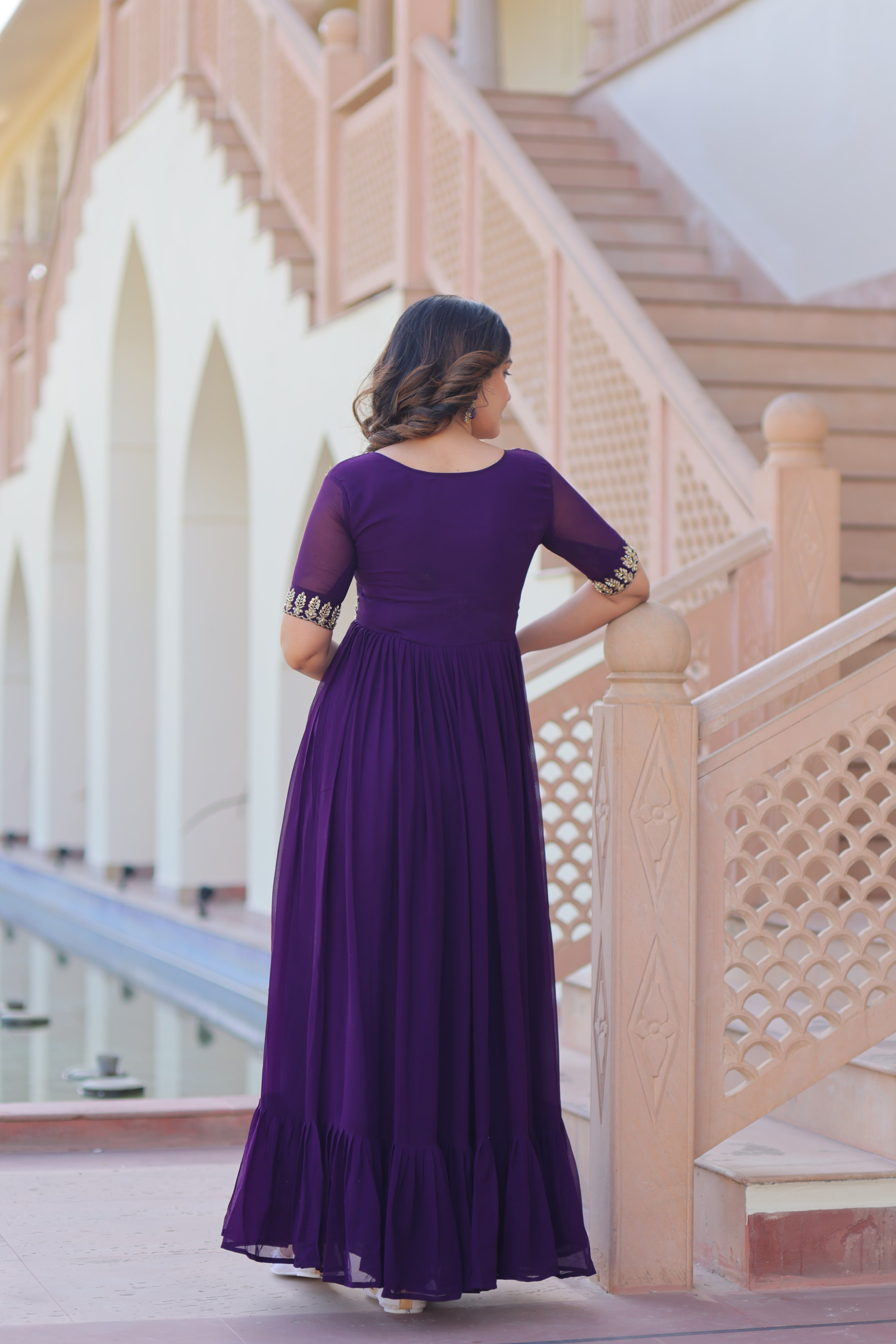Purple Faux Blooming Beads Embroidered Anarkali Set 7m Flair