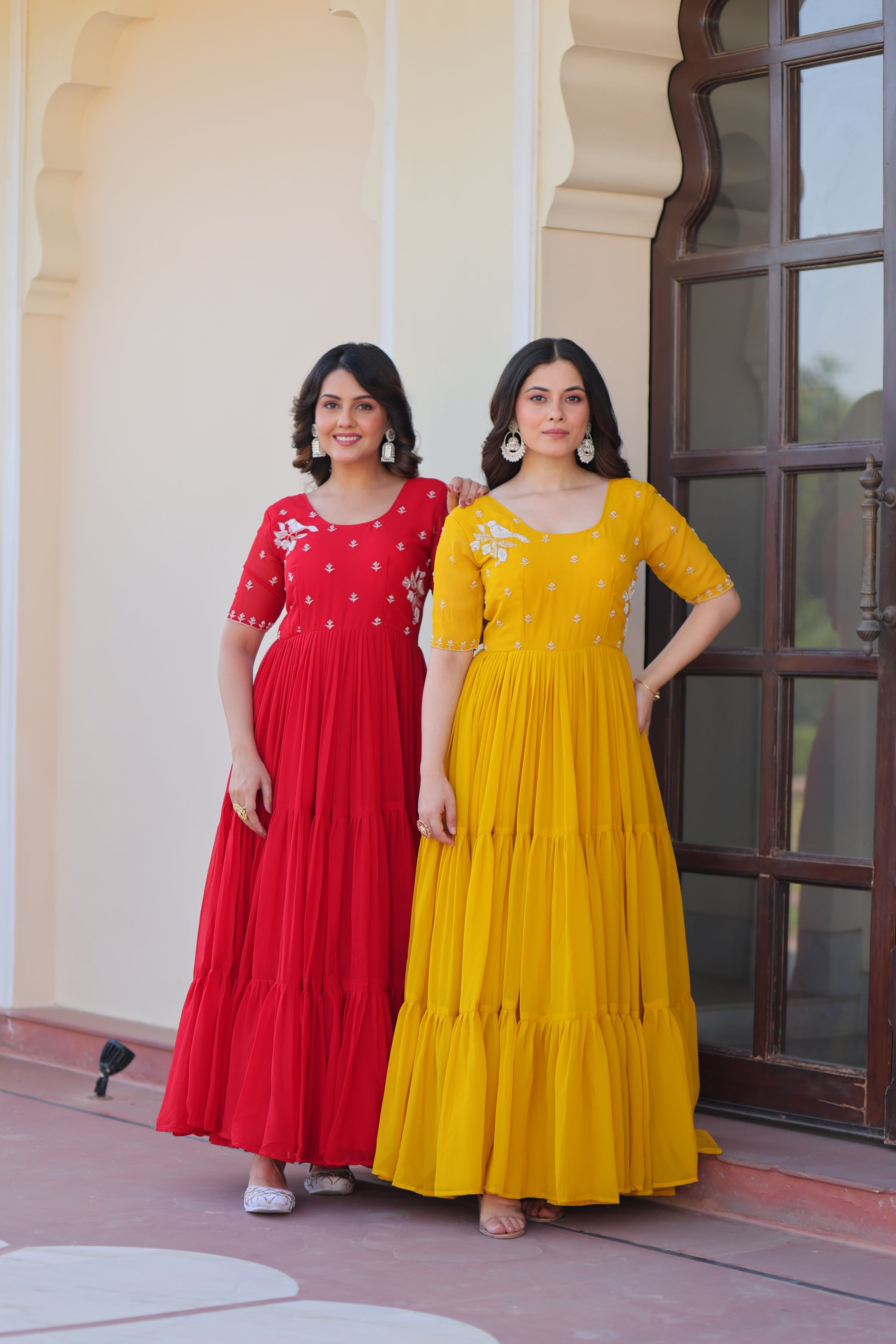Jyoti Fashion Red and Yellow A-line Anarkali set with intricate bead embroidery and full flair.
