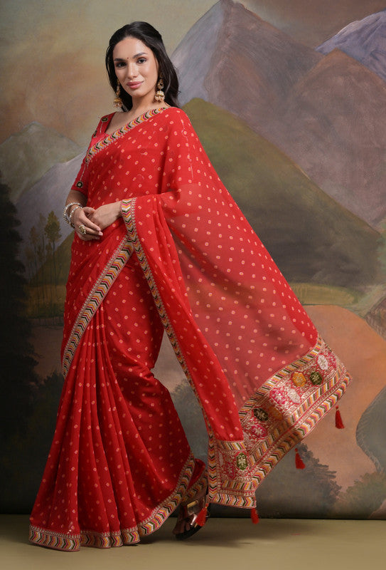 Jyoti Fashion Women's Red Coding Sequence Georgette Saree with Blouse