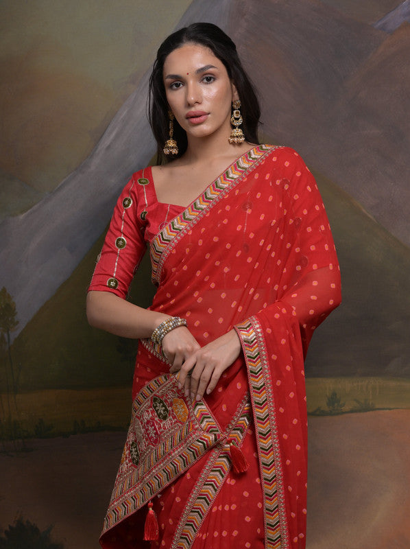Jyoti Fashion Women's Red Coding Sequence Georgette Saree with Blouse