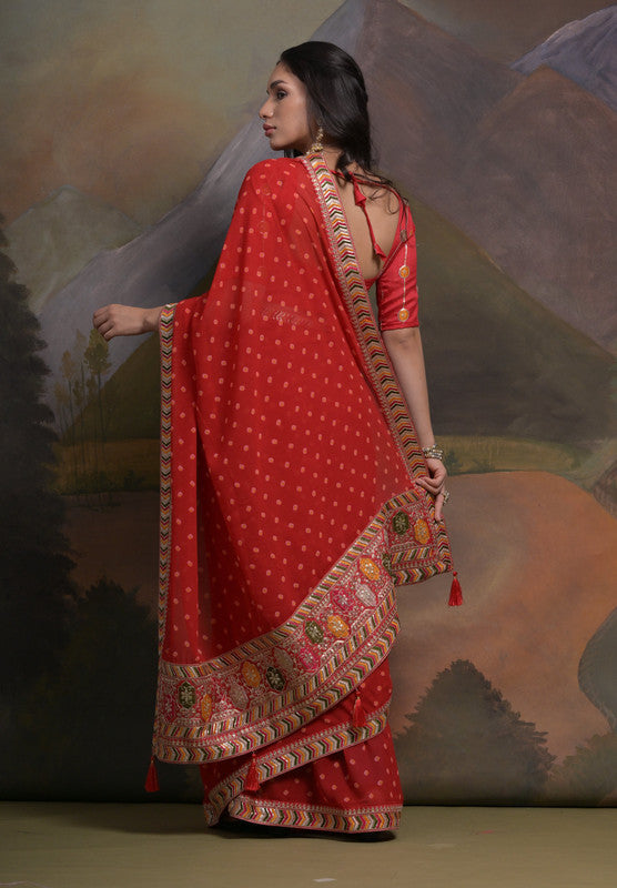 Jyoti Fashion Women's Red Coding Sequence Georgette Saree with Blouse