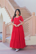 A-line red Anarkali set in Faux Blooming fabric with beads embroidery and 12-meter flair