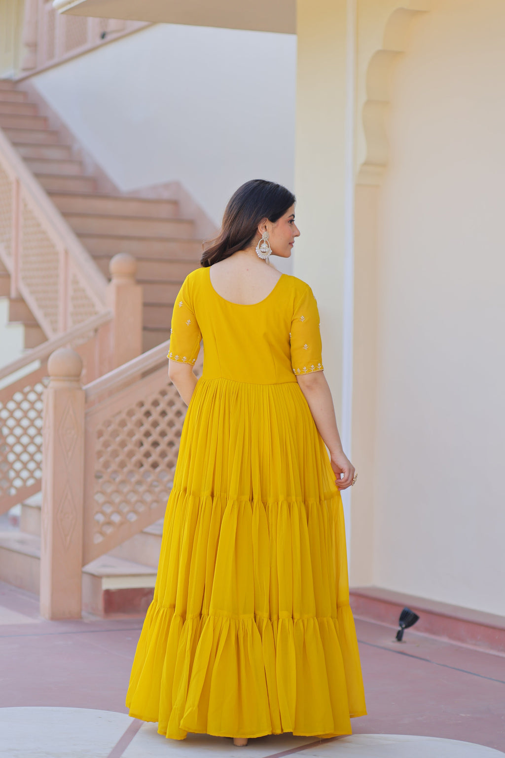 Yellow Faux Blooming Beads Embroidered Anarkali Set for Women