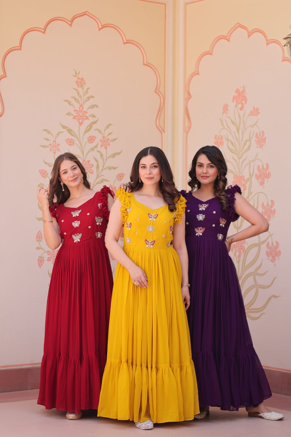 Maroon, Yellow, and Purple Anarkali set with sequin bead embroidery and double frill sleeve detail.