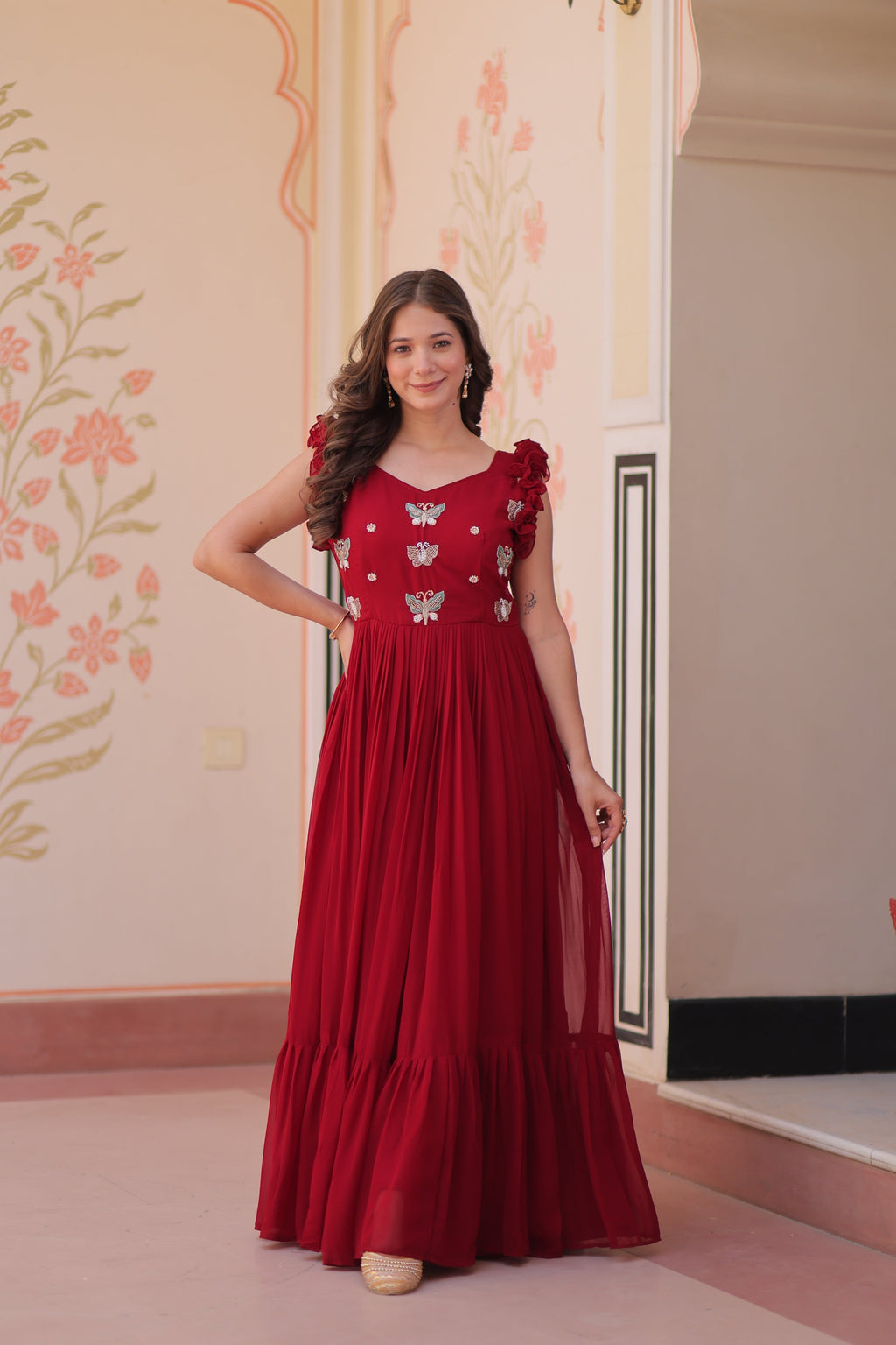 Maroon Faux Blooming A-line Anarkali with sequins and thread bead embroidery