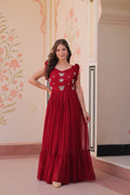 Maroon Faux Blooming A-line Anarkali with sequins and thread bead embroidery