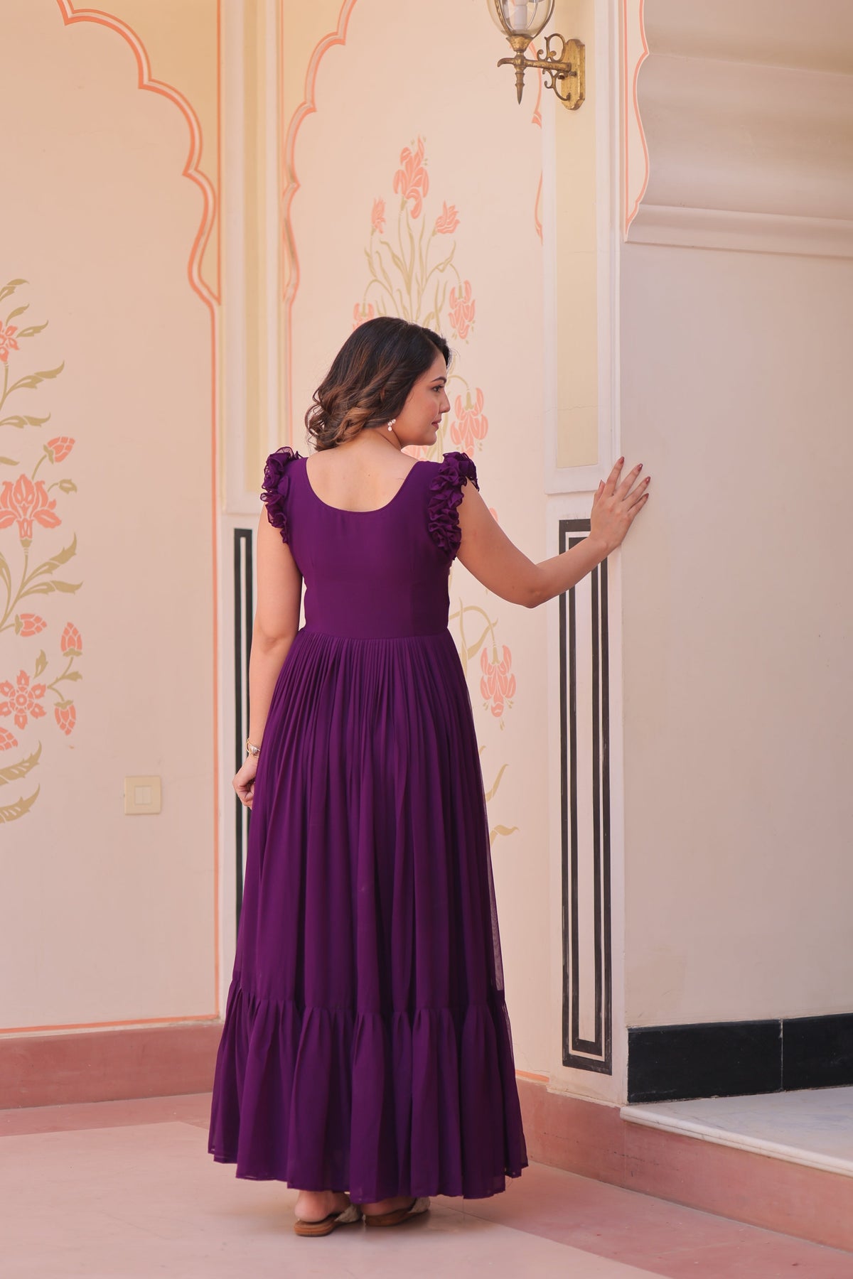 Purple Faux Blooming Beads Embroidered Anarkali Set 7m Flair