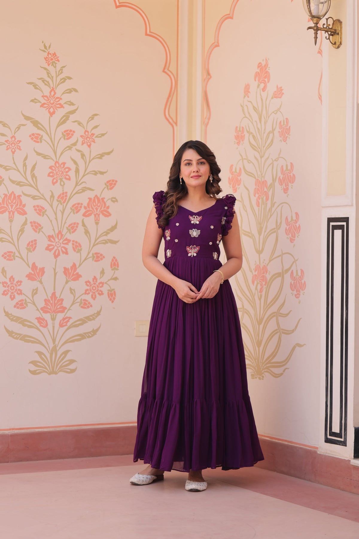 Jyoti Fashion Purple Faux Blooming Anarkali with intricate bead embroidery and 7-meter flair