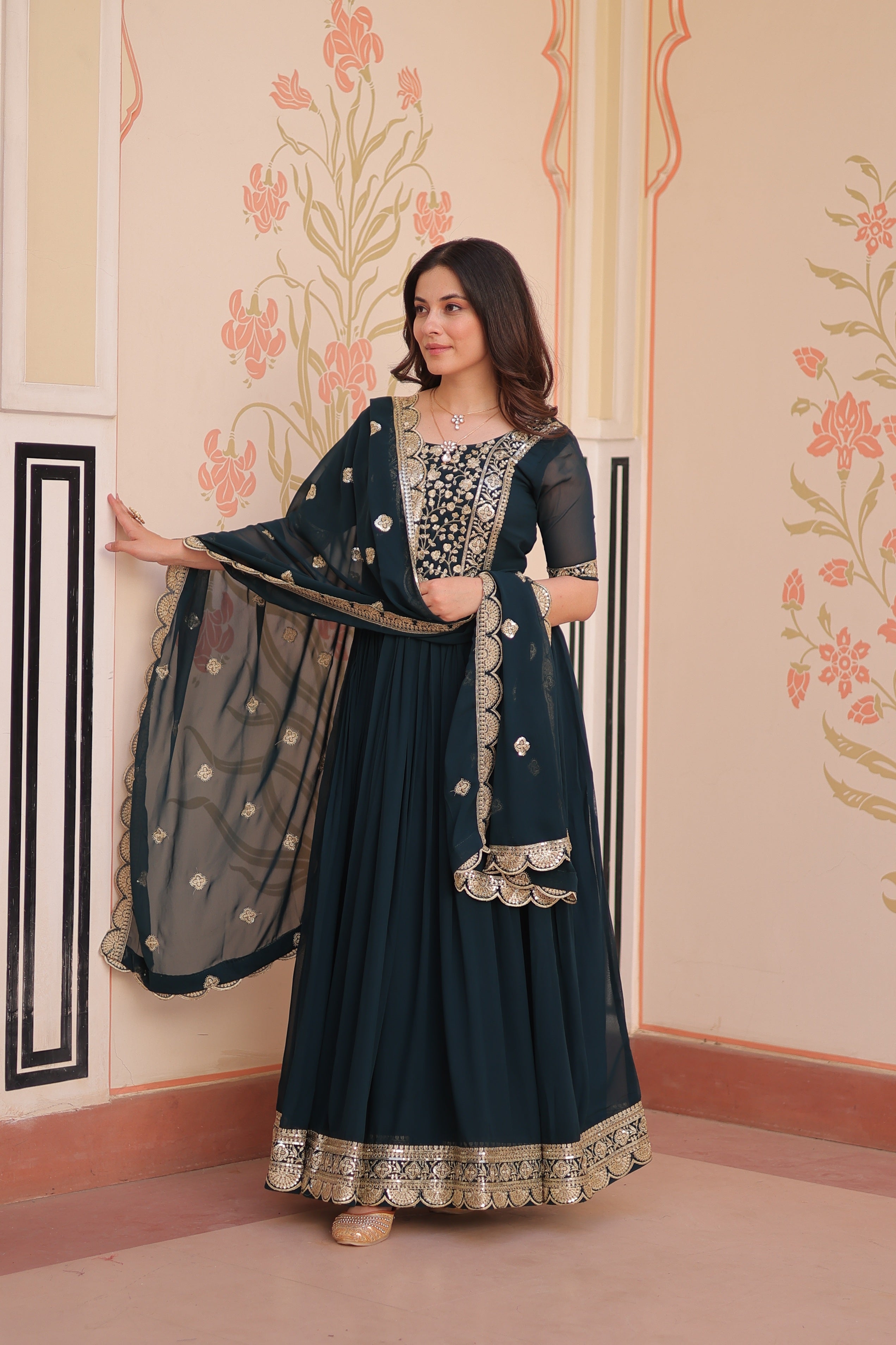 Rama Faux Blooming Sequins Embroidered Anarkali Set with Dupatta