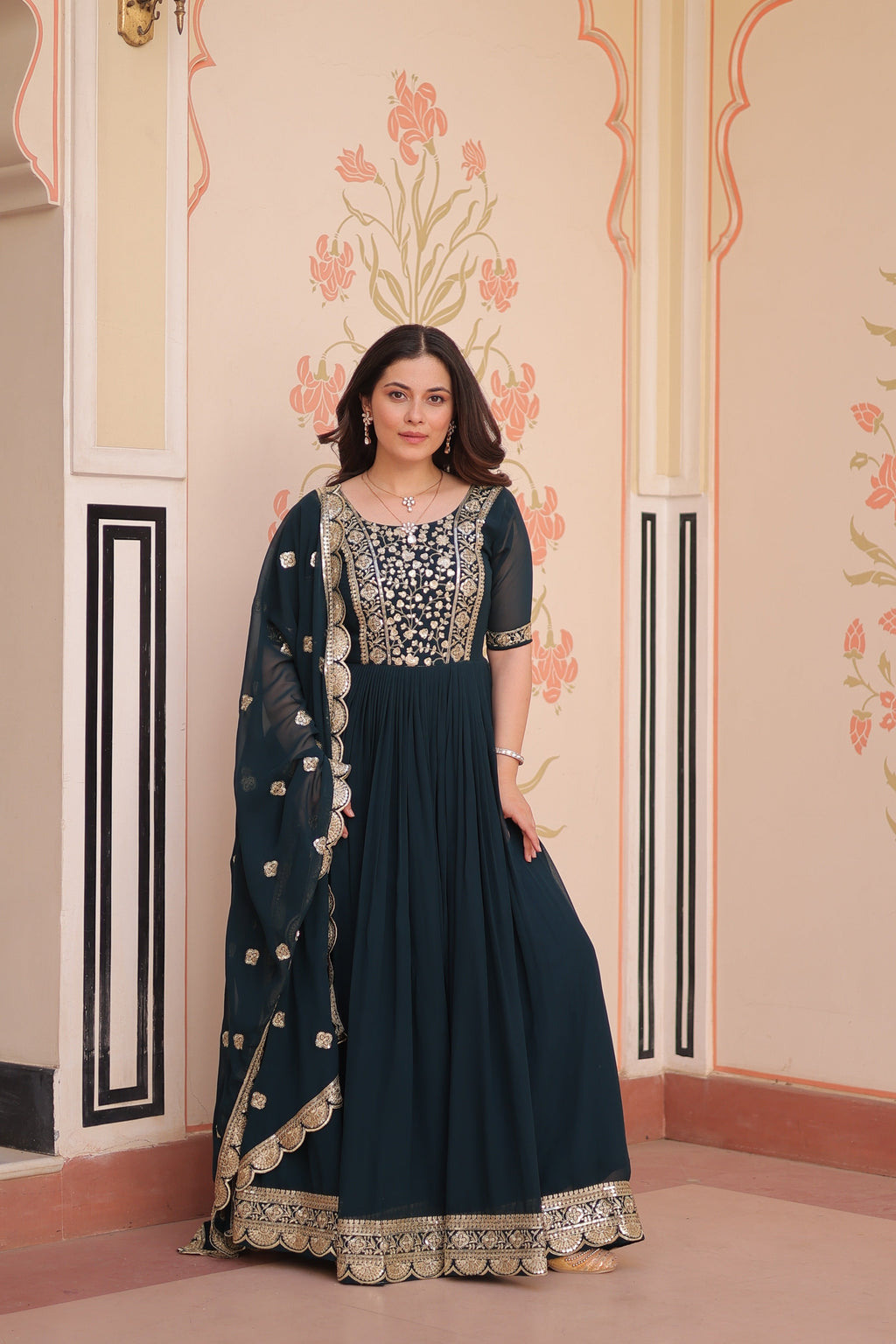 Rama Faux Blooming Sequins Embroidered Anarkali Set with Dupatta