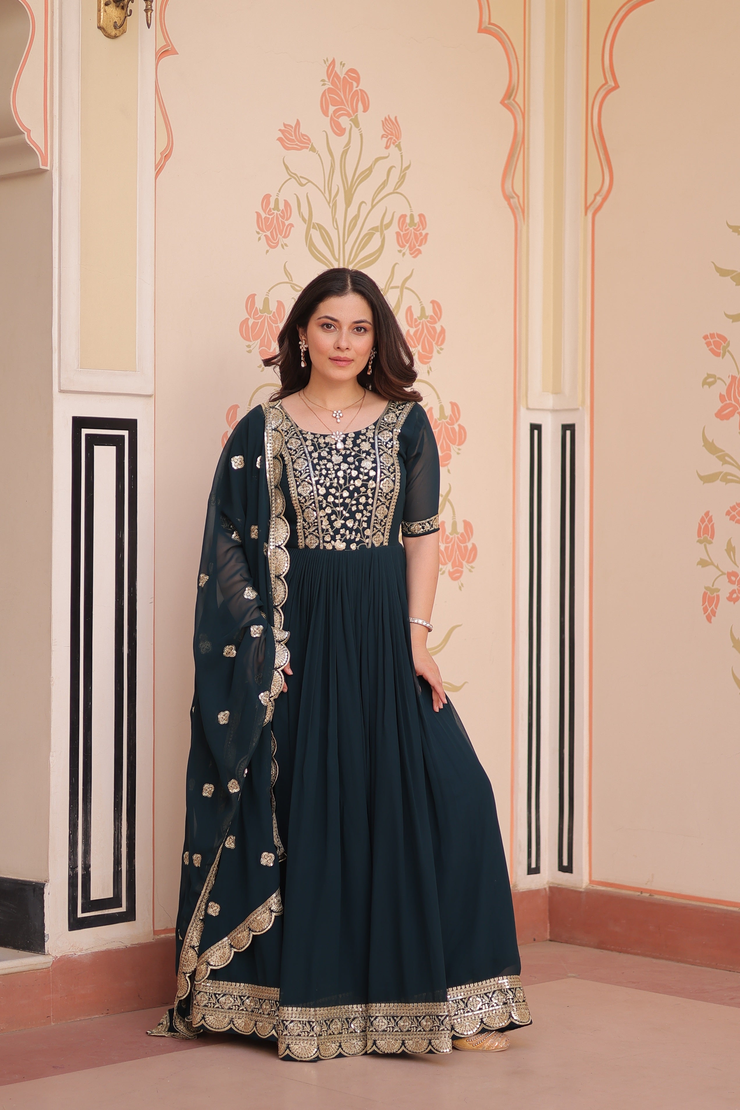 Rama Faux Blooming Sequins Embroidered Anarkali Set with Dupatta