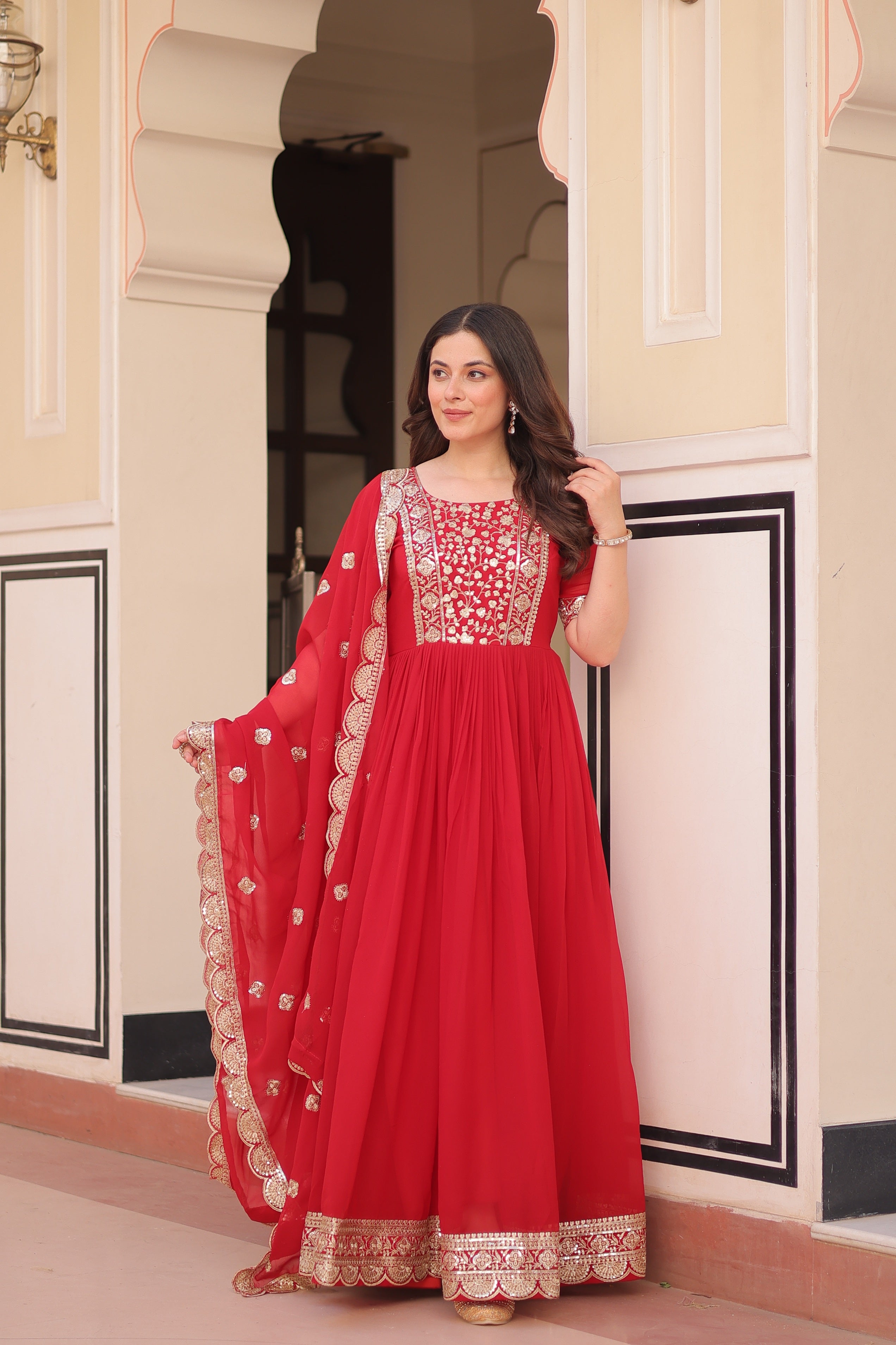 Red Faux Blooming Anarkali set with sequins and zari embroidery with matching dupatta