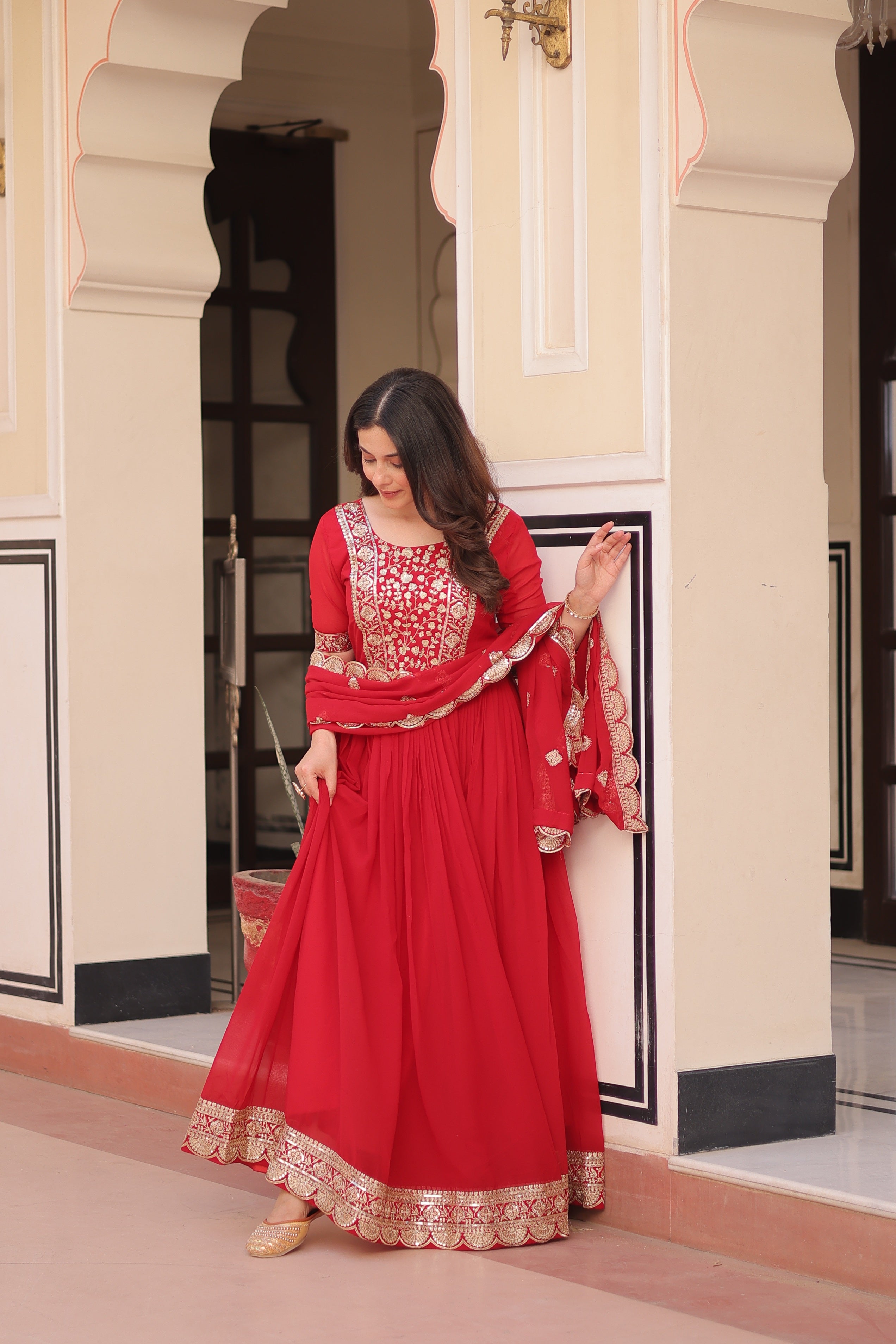 Red Faux Blooming Sequins Embroidered Anarkali Set with Dupatta