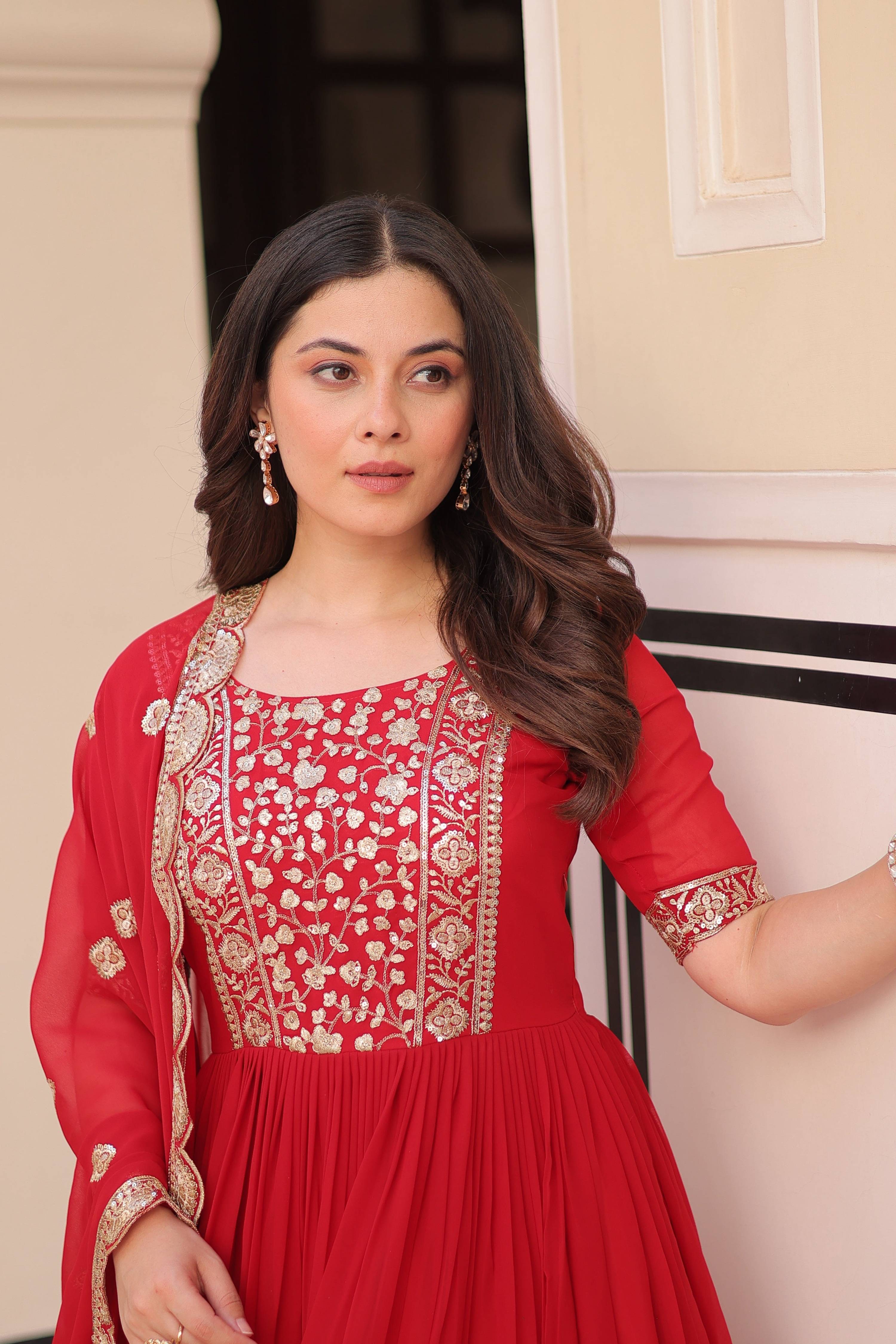 Red Faux Blooming Sequins Embroidered Anarkali Set with Dupatta