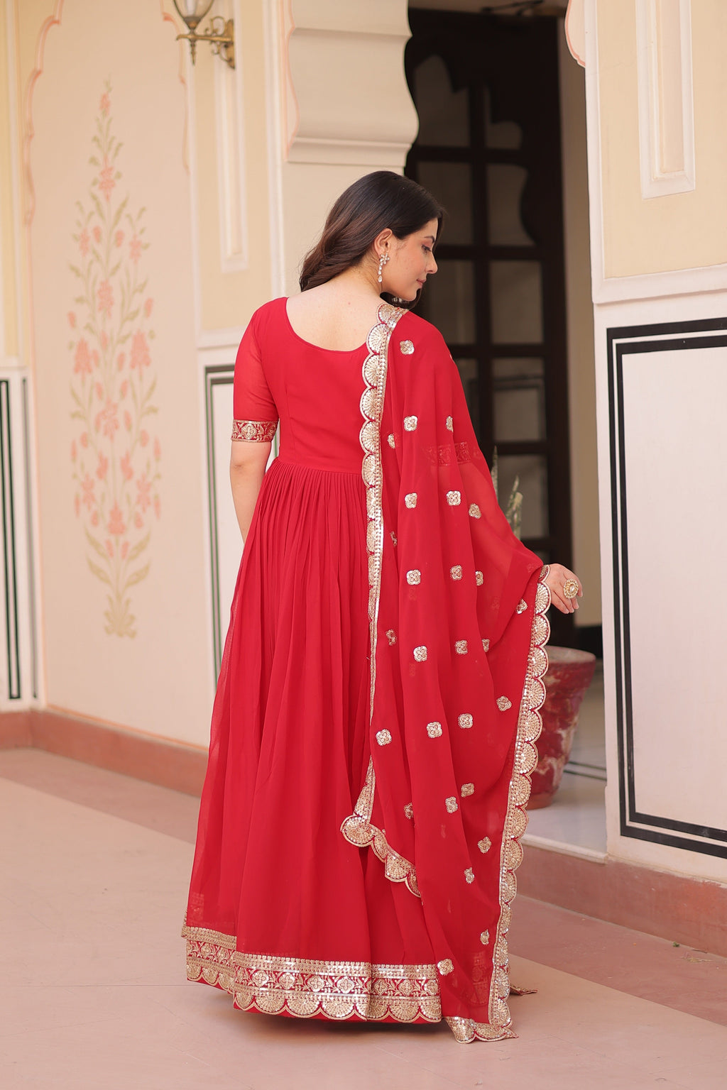 Red Faux Blooming Sequins Embroidered Anarkali Set with Dupatta