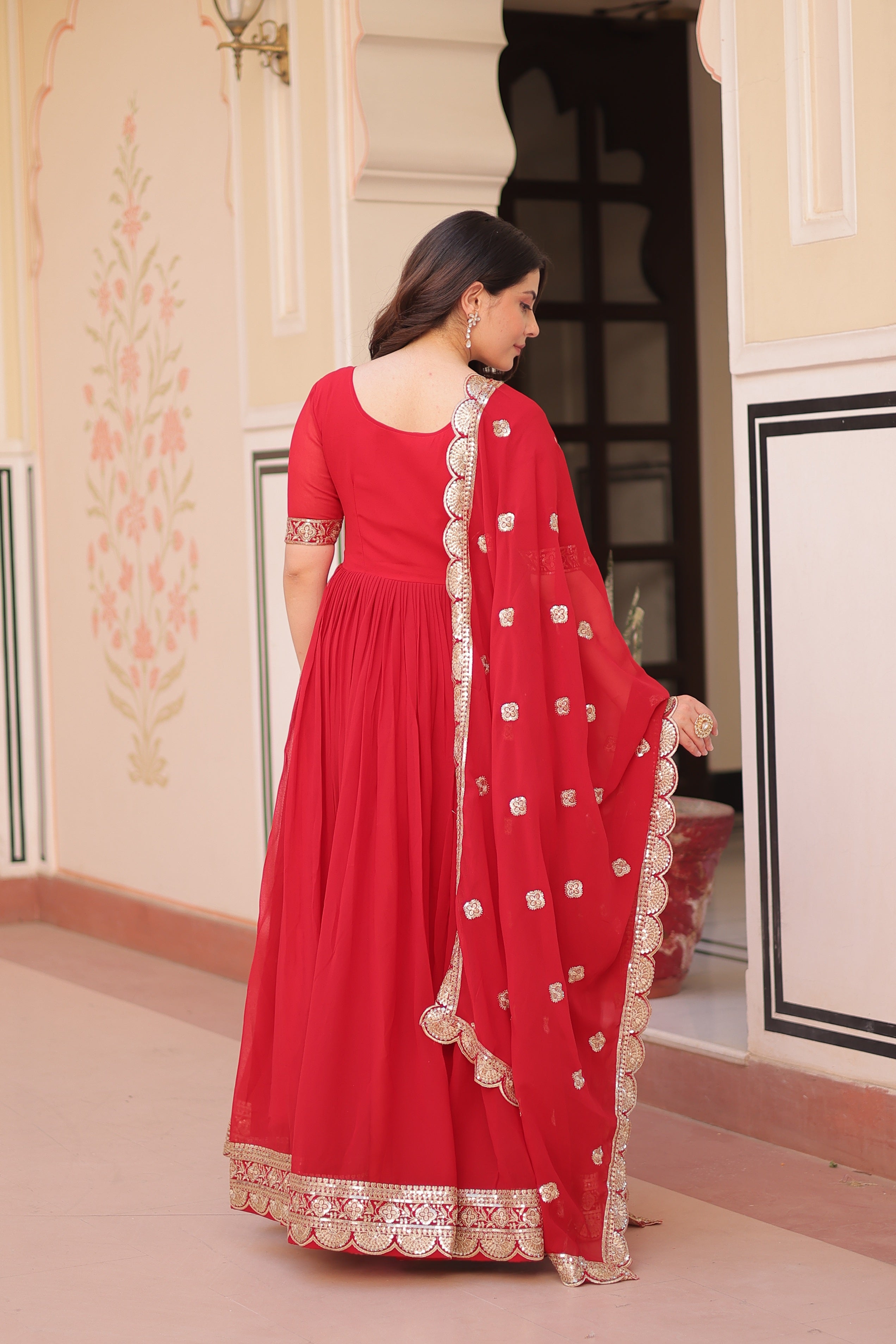Red Faux Blooming Sequins Embroidered Anarkali Set with Dupatta
