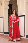 Red Faux Blooming Sequins Embroidered Anarkali Set with Dupatta