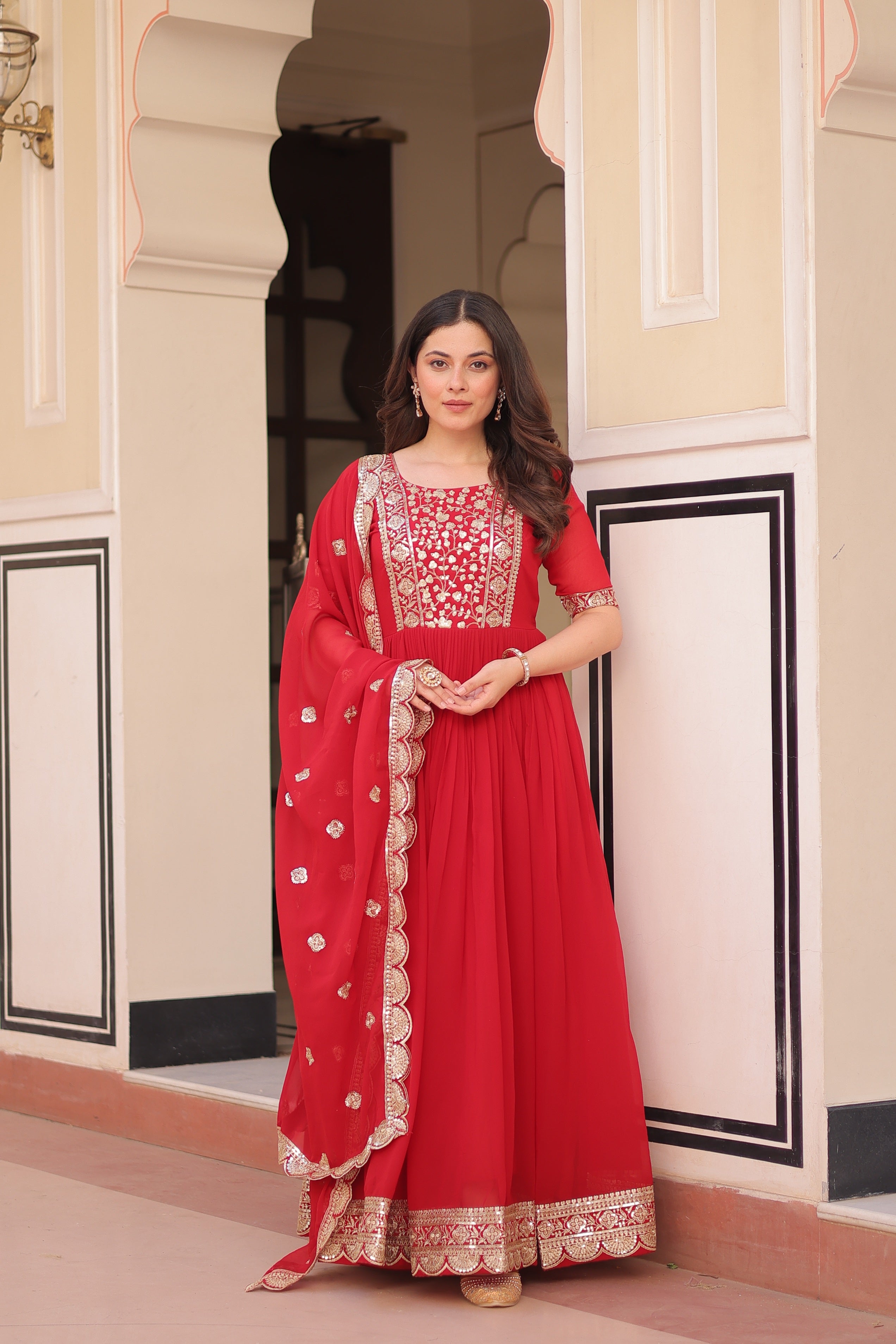 Red Faux Blooming Sequins Embroidered Anarkali Set with Dupatta