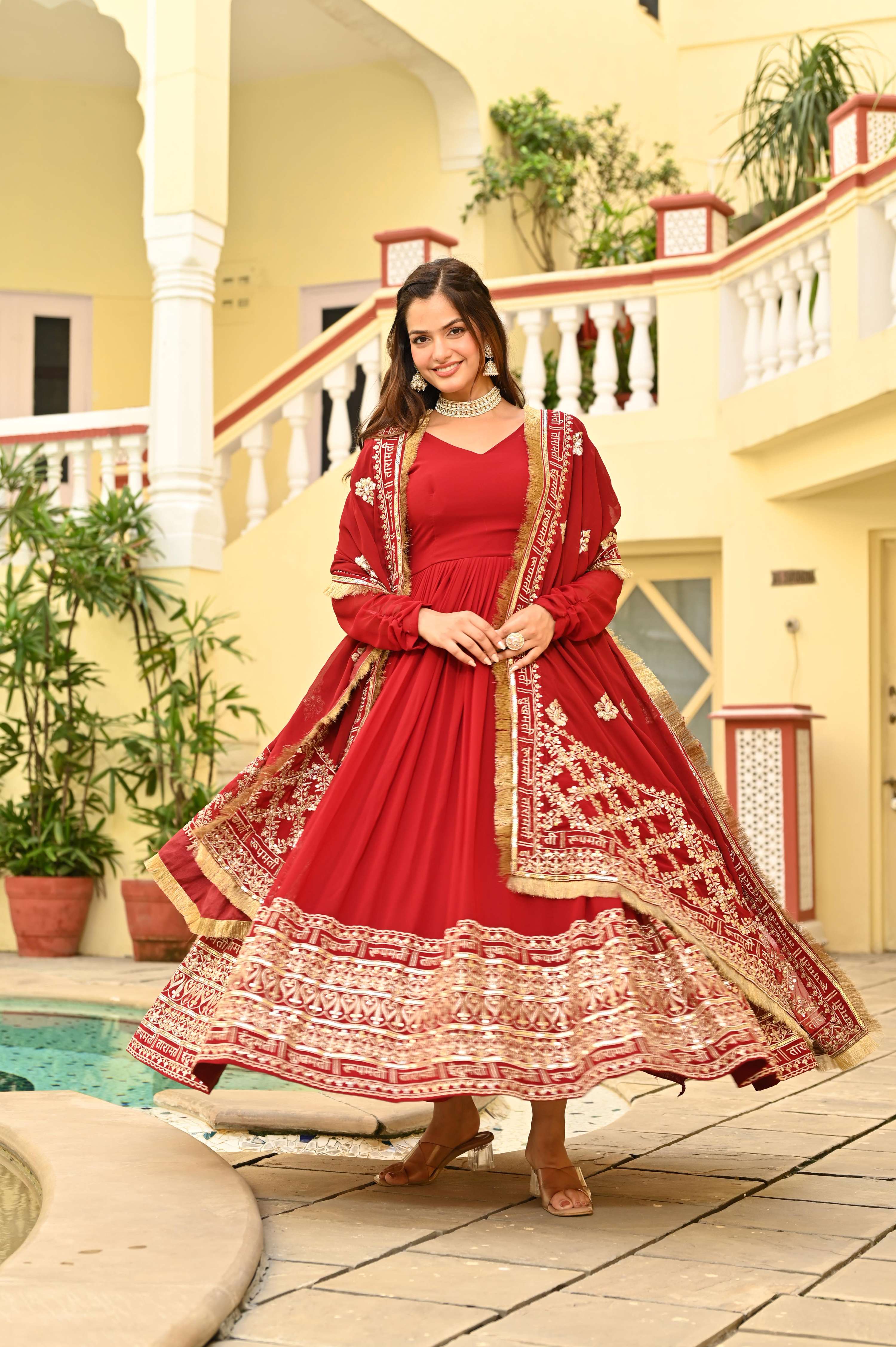 Maroon Faux Blooming Sequins Embroidered Anarkali Set