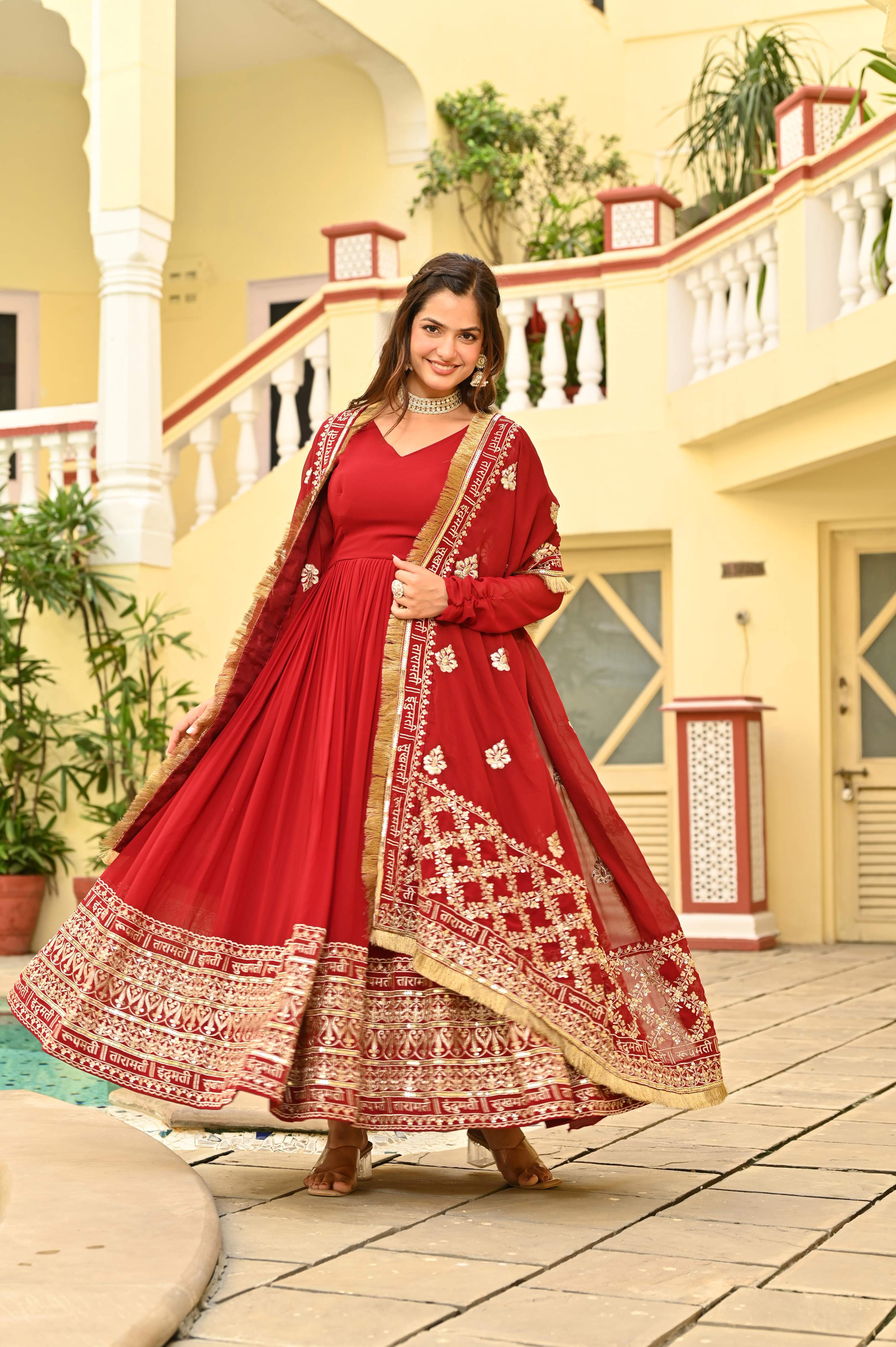 Maroon Faux Blooming Sequins Embroidered Anarkali Set