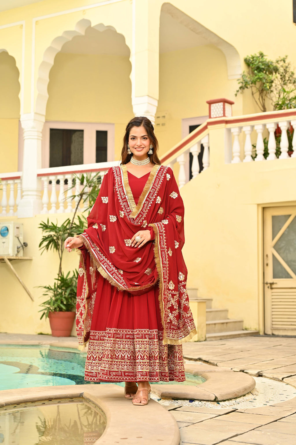Maroon Faux Blooming Anarkali set with sequins and zari embroidery and dupatta