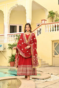 Maroon Faux Blooming Anarkali set with sequins and zari embroidery and dupatta