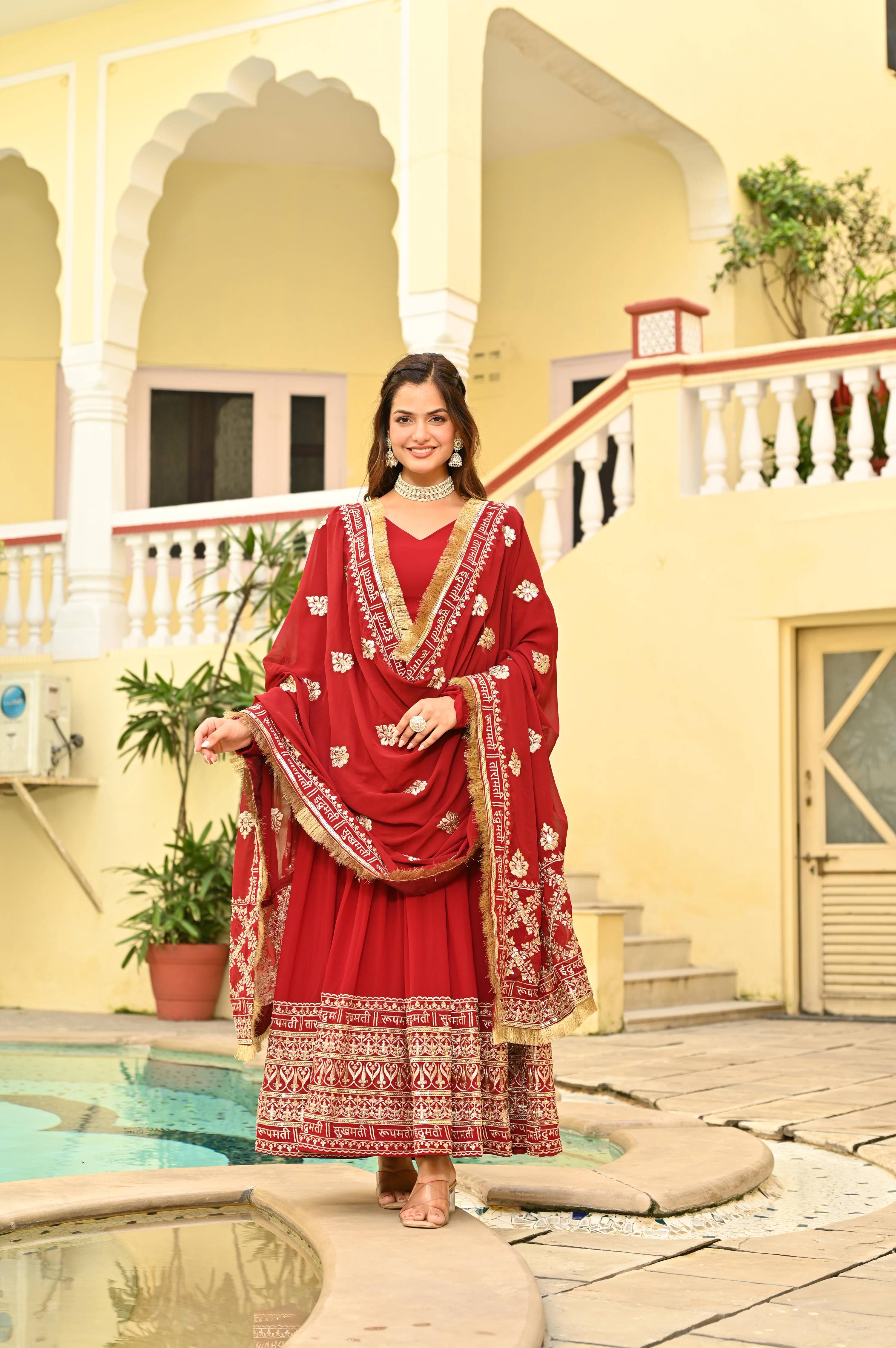 Maroon Faux Blooming Anarkali set with sequins and zari embroidery and dupatta