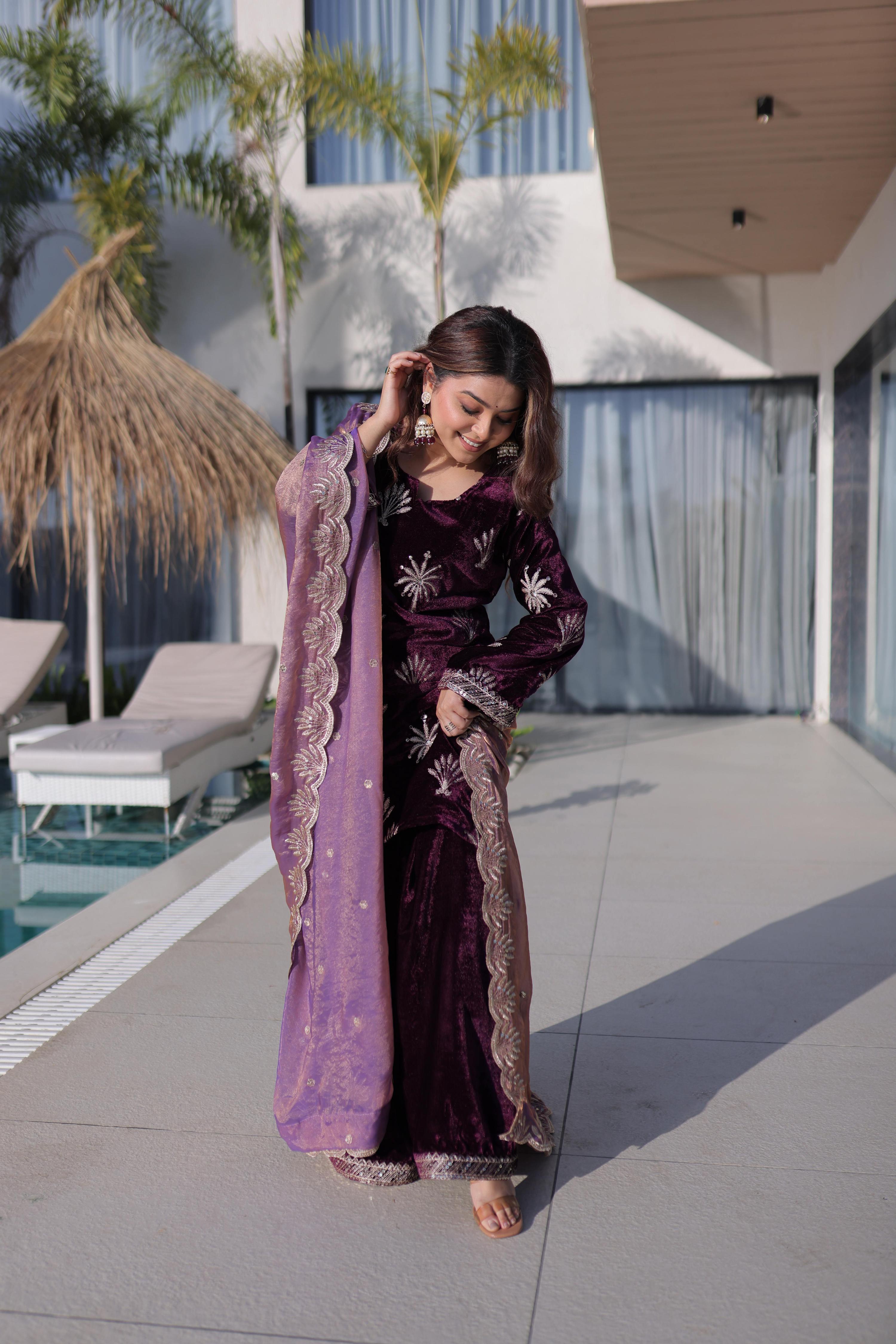 Wine Ice Velvet Embroidered Kurta Set with Dupatta - Ready to Wear