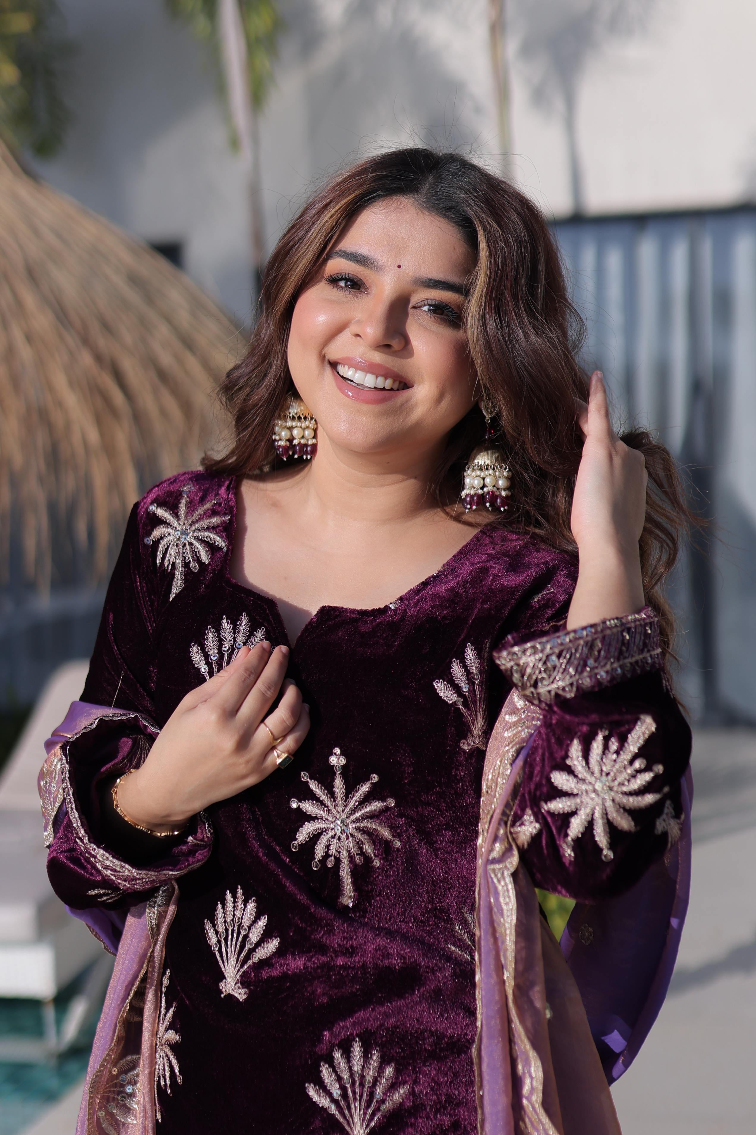 Wine Ice Velvet Embroidered Kurta Set with Dupatta - Ready to Wear