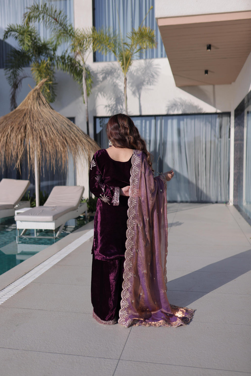 Wine Ice Velvet Embroidered Kurta Set with Dupatta - Ready to Wear