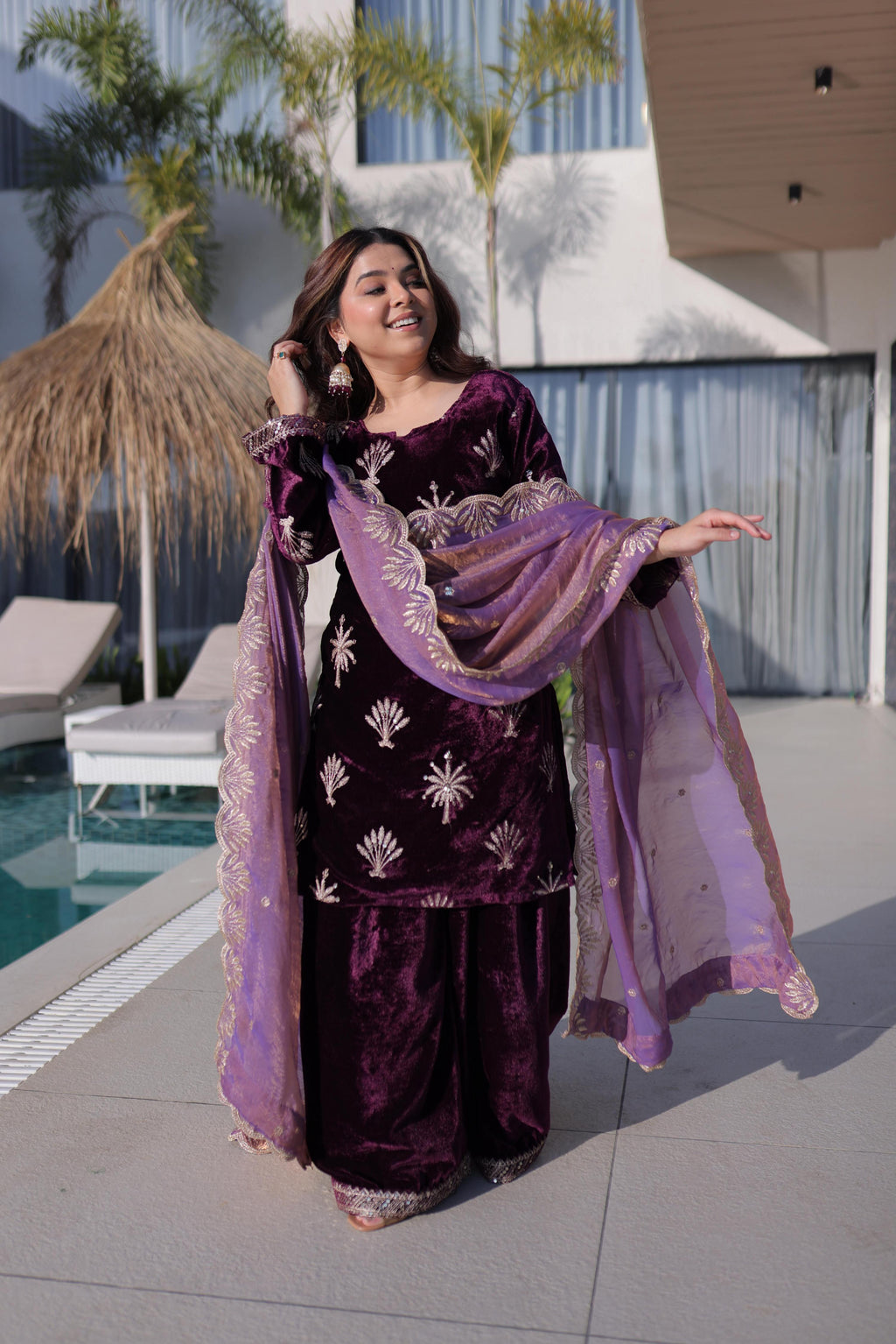 Wine Ice Velvet Embroidered Kurta Set with Dupatta - Ready to Wear