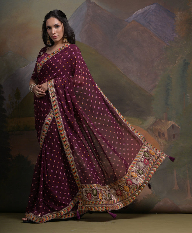 Wine Georgette Saree with Coding Sequence Work and Blouse