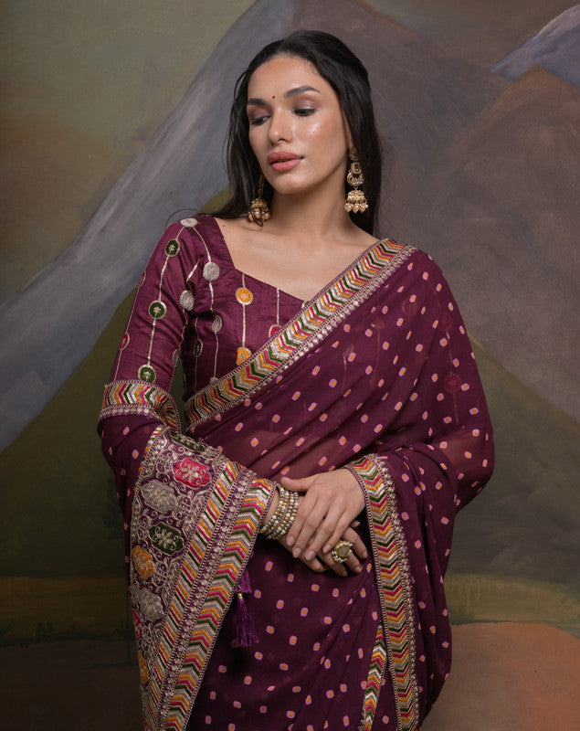 Wine Georgette Saree with Coding Sequence Work and Blouse