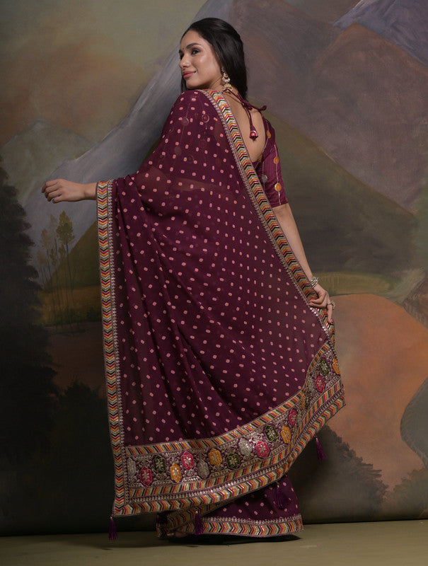 Wine Georgette Saree with Coding Sequence Work and Blouse