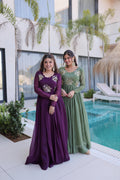 Purple and sea green Anarkali set with silver crunchy beads embroidery and full sleeves