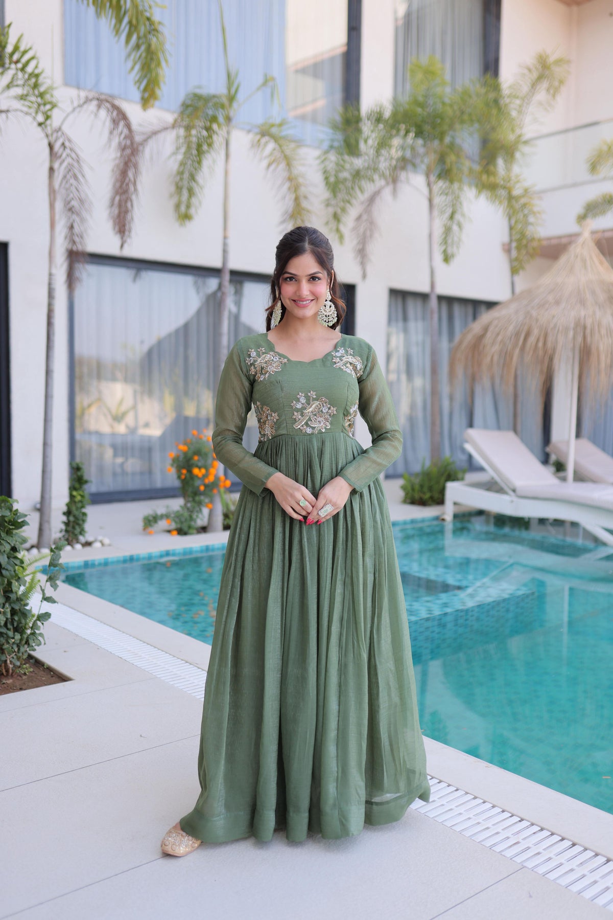 Sea Green A-line Anarkali set with silver crunchy beads embroidery and round neck