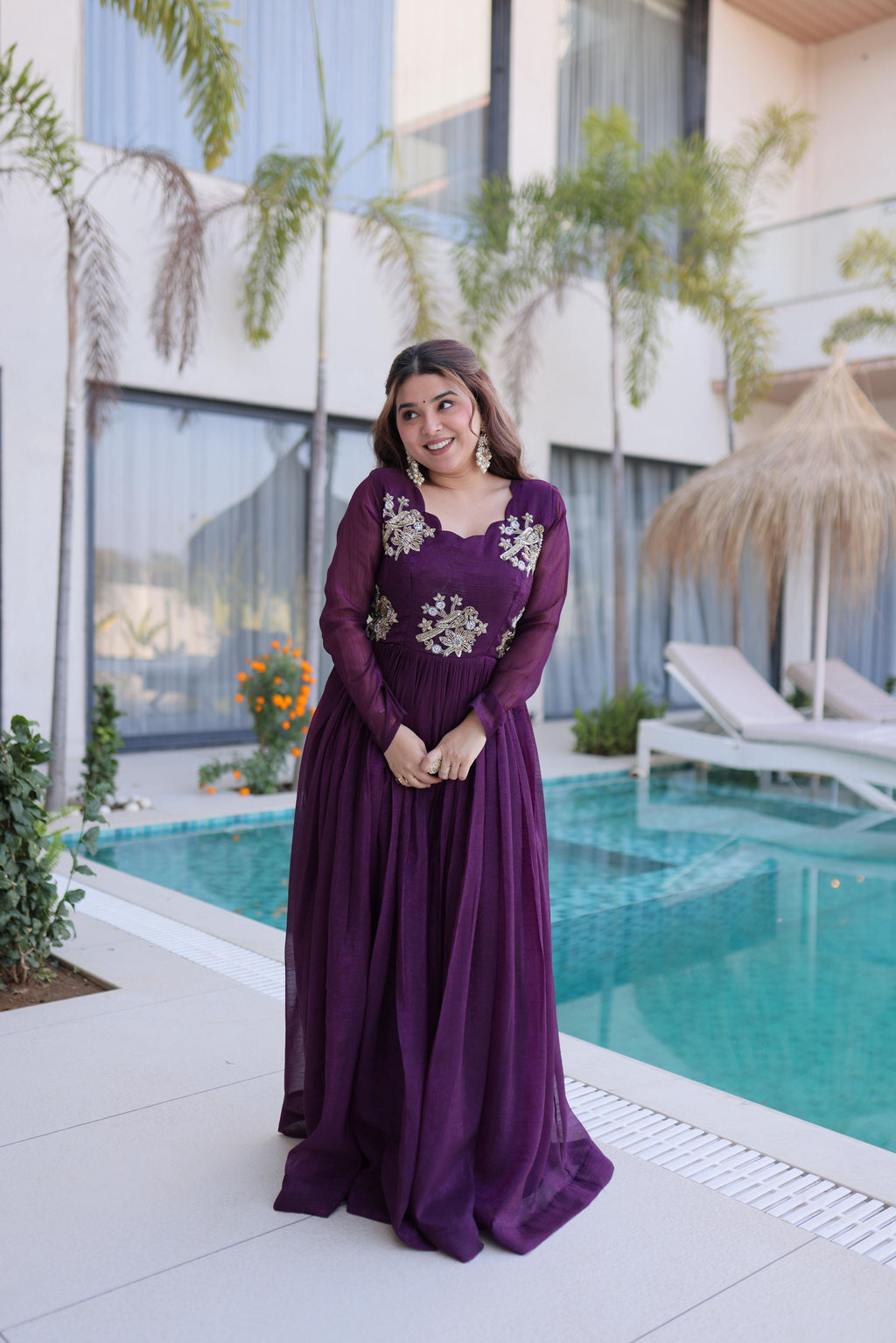 Purple Anarkali set with silver crunchy beads embroidery and A-line silhouette