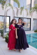 Pink and Wine Fendi Silk Anarkali dress featuring intricate bead embroidery