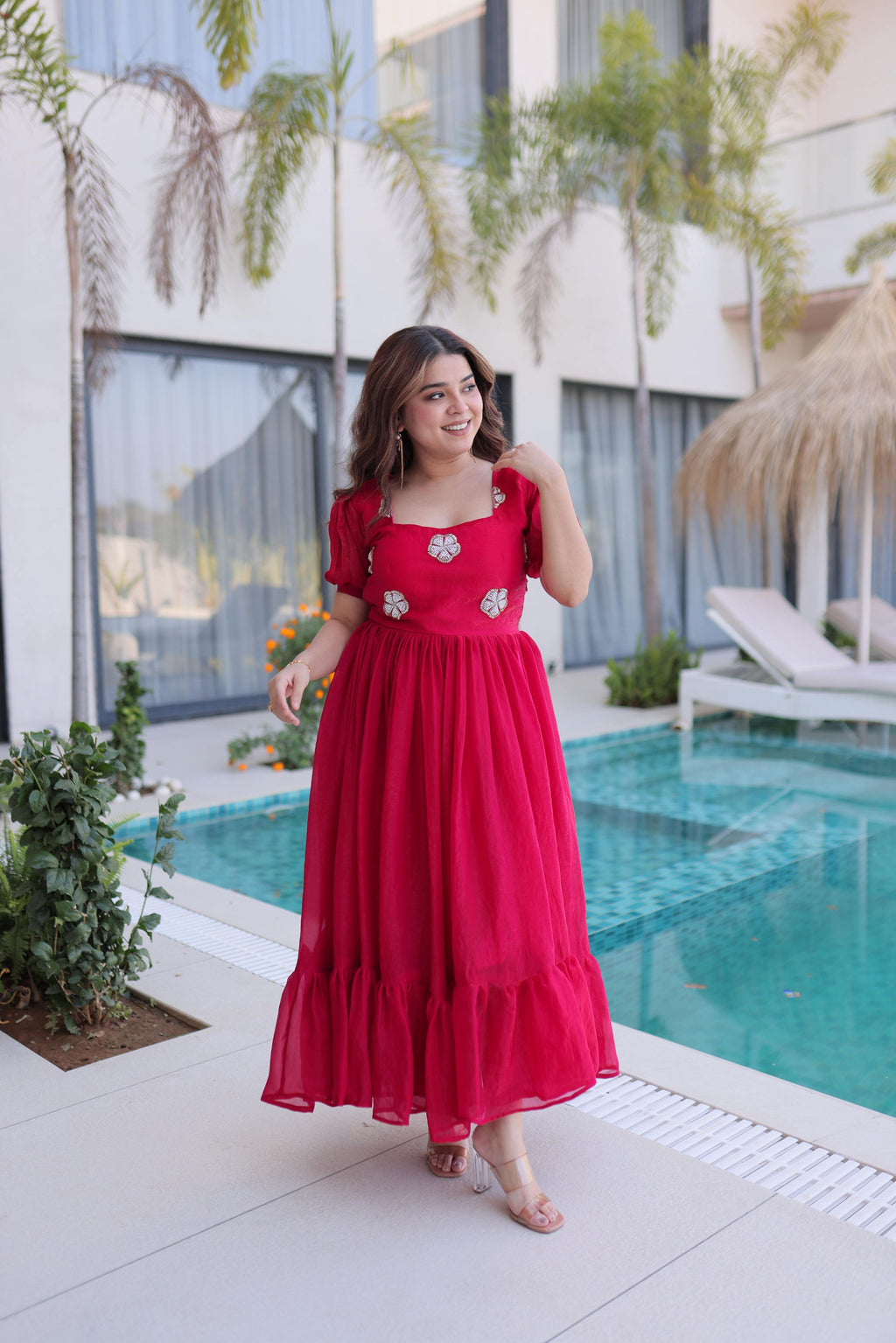 Pink Fendi Silk designer Anarkali set with square neck and heavy beads embroidery
