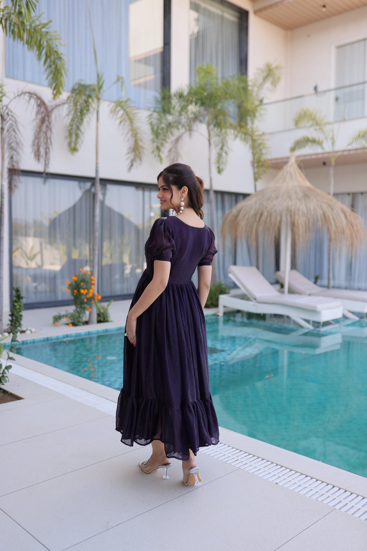 Wine Fendi Silk Anarkali Set with Beads Embroidery & Butterfly Sleeves