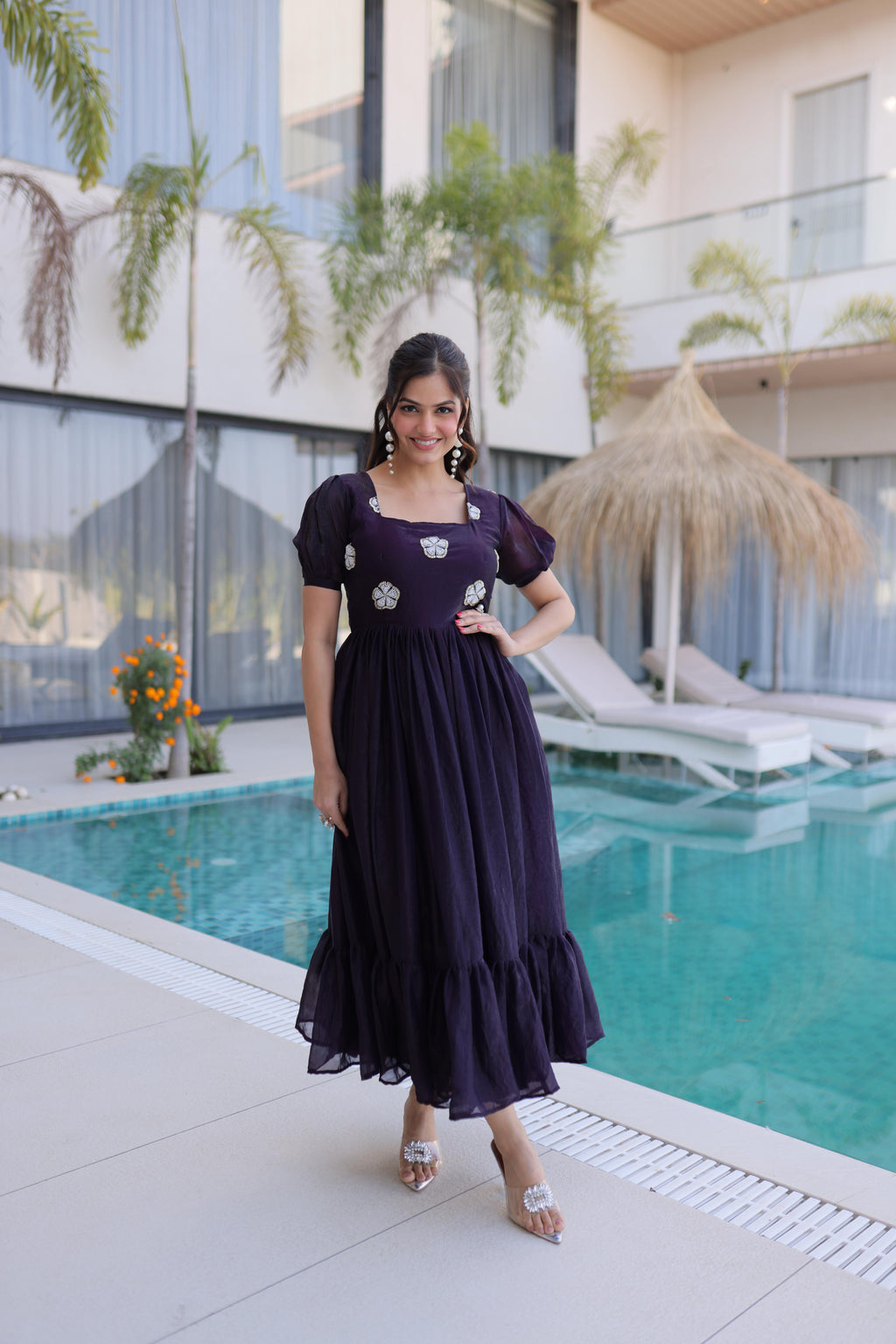 Front view of a Wine Fendi Silk Anarkali set with intricate bead embroidery and butterfly sleeves