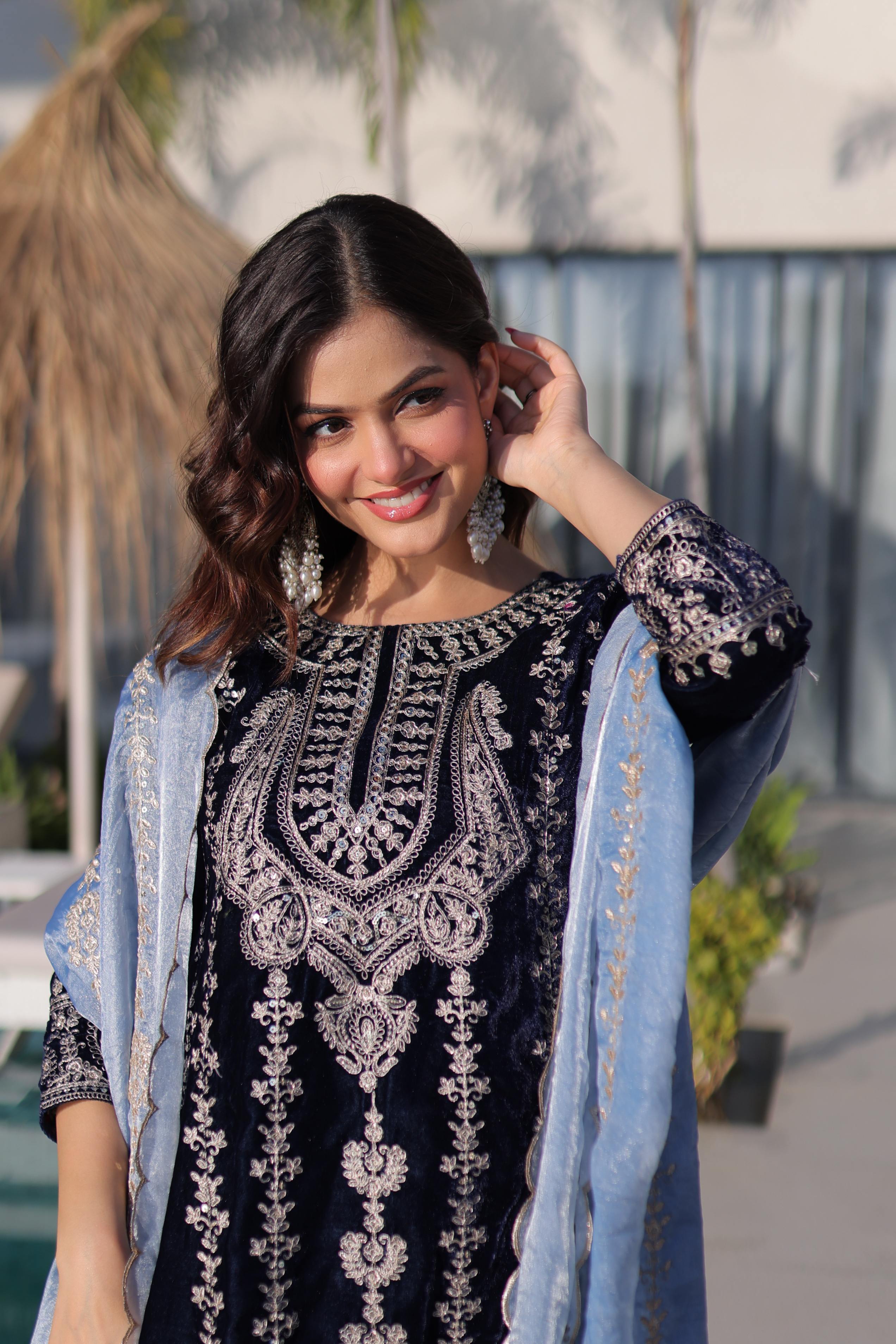 Navy Blue 9000 Velvet Zari Embroidered Kurta Set with Dupatta