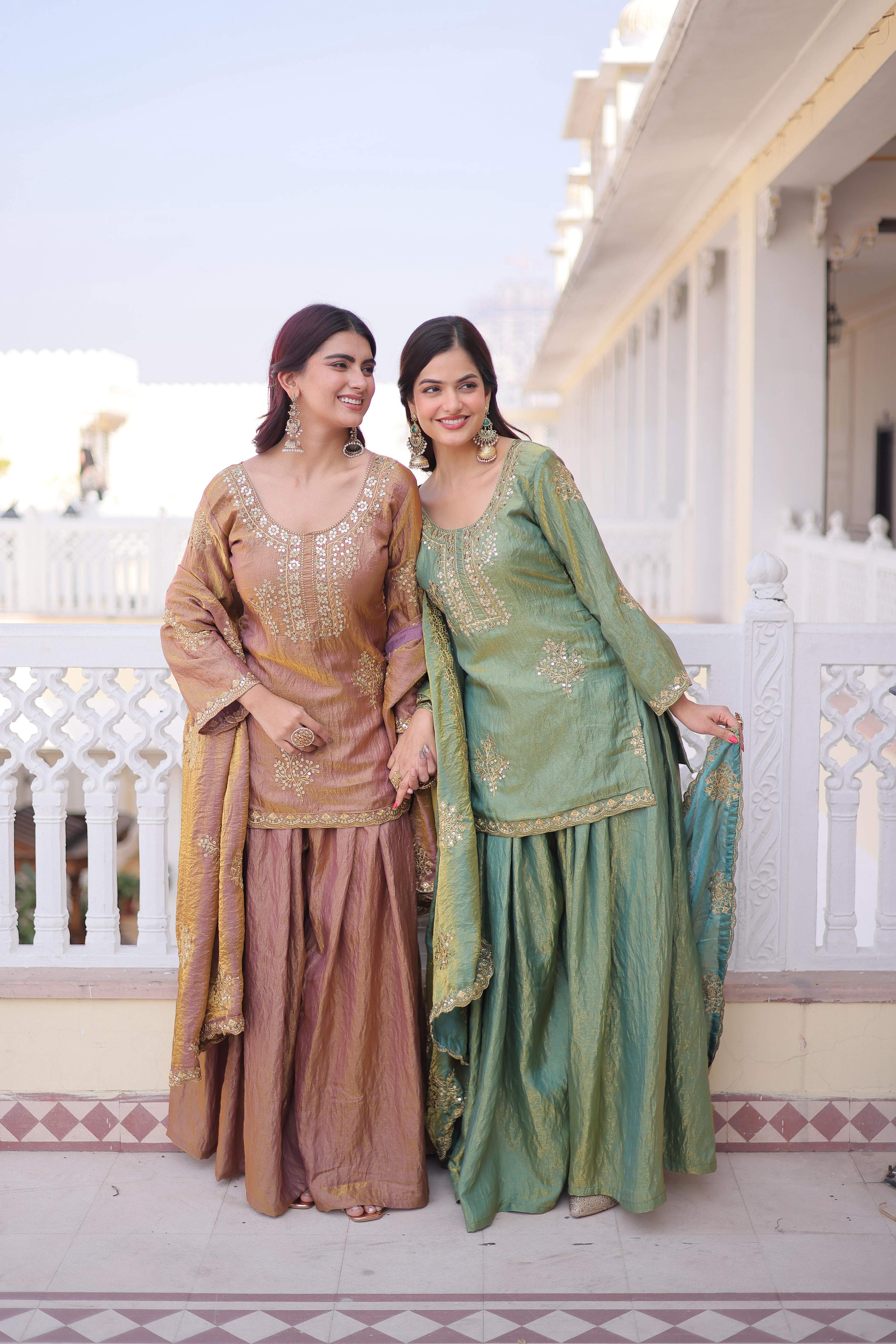 Brown & Sea Green Fendi Crush Sharara Set with Zari Embroidery