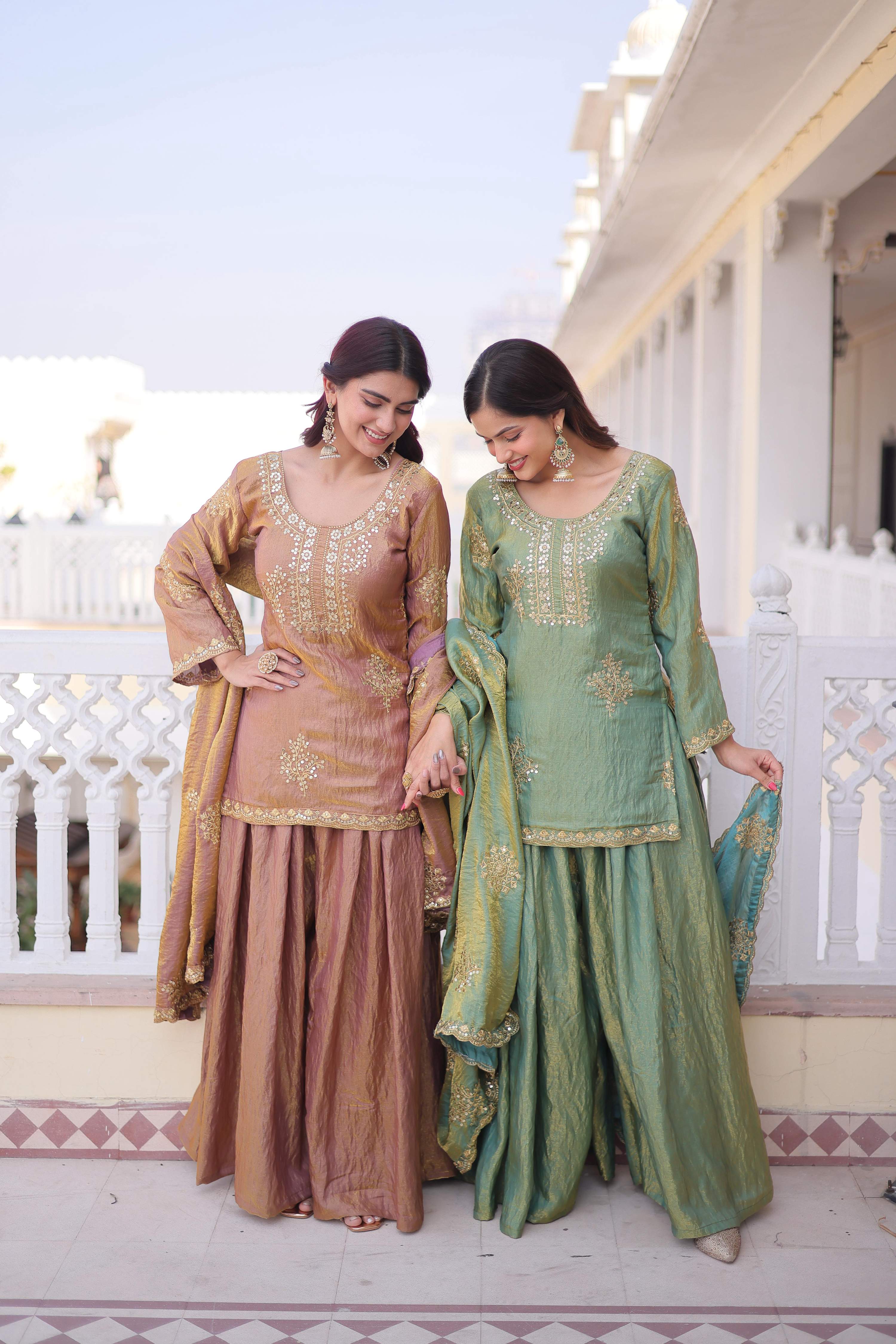 Brown & Sea Green Fendi Crush Sharara Set with Zari Embroidery