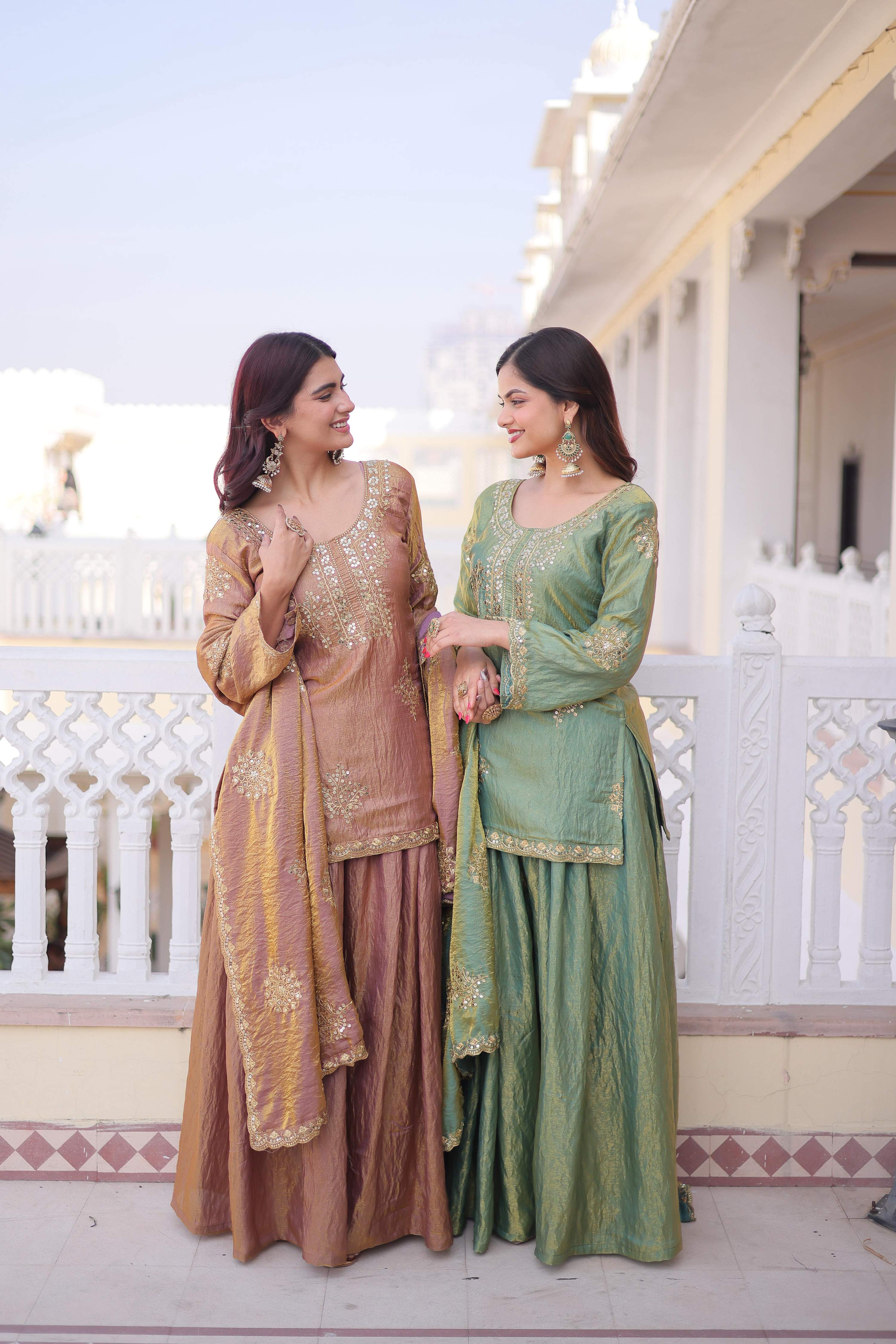 Brown & Sea Green Fendi Crush Sharara Set with Zari Embroidery