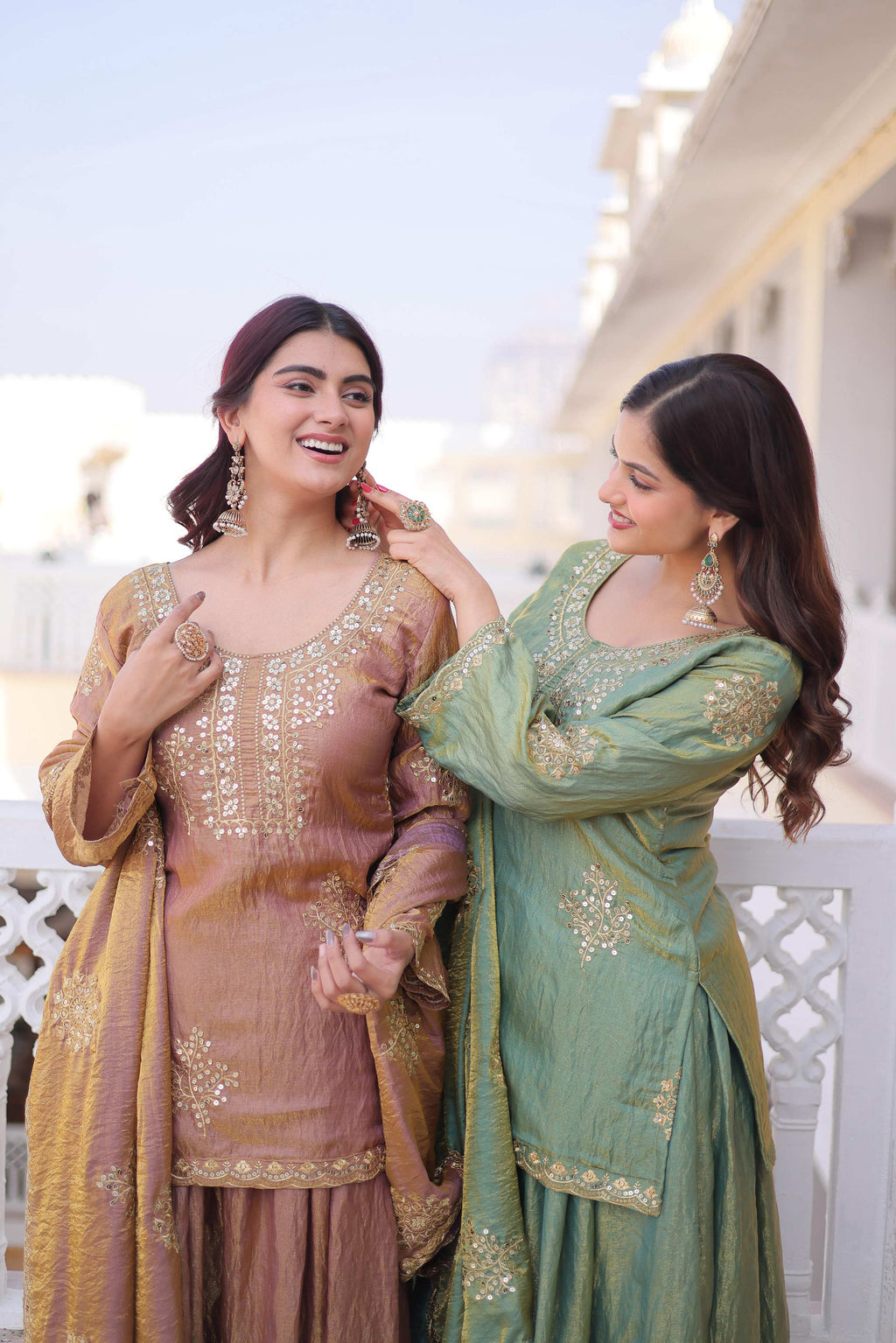 Brown & Sea Green Fendi Crush Sharara Set with Zari Embroidery