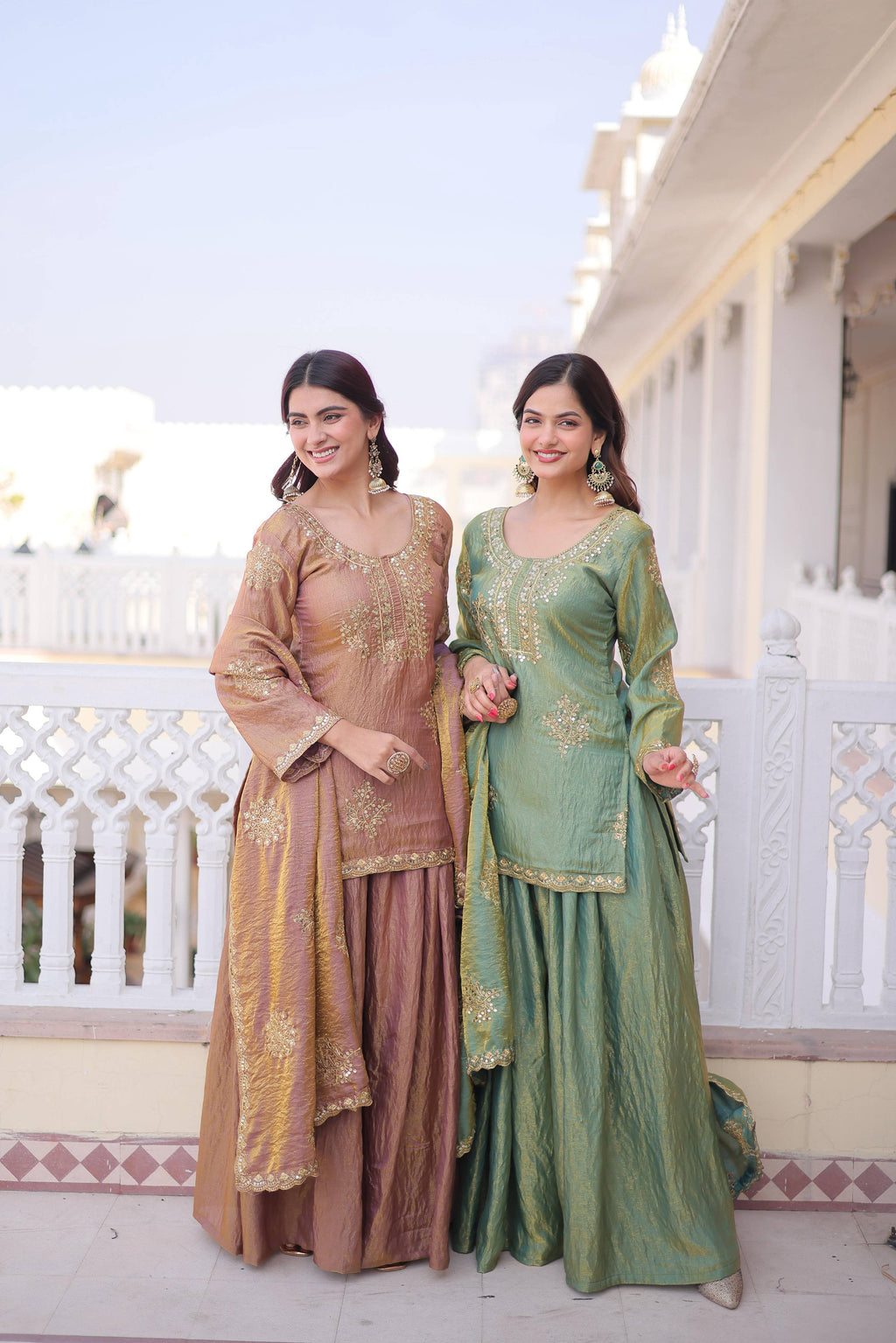 Brown and Sea Green Fendi Crush Sharara set with zari embroidery and sequins