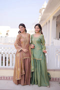 Brown and Sea Green Fendi Crush Sharara set with zari embroidery and sequins