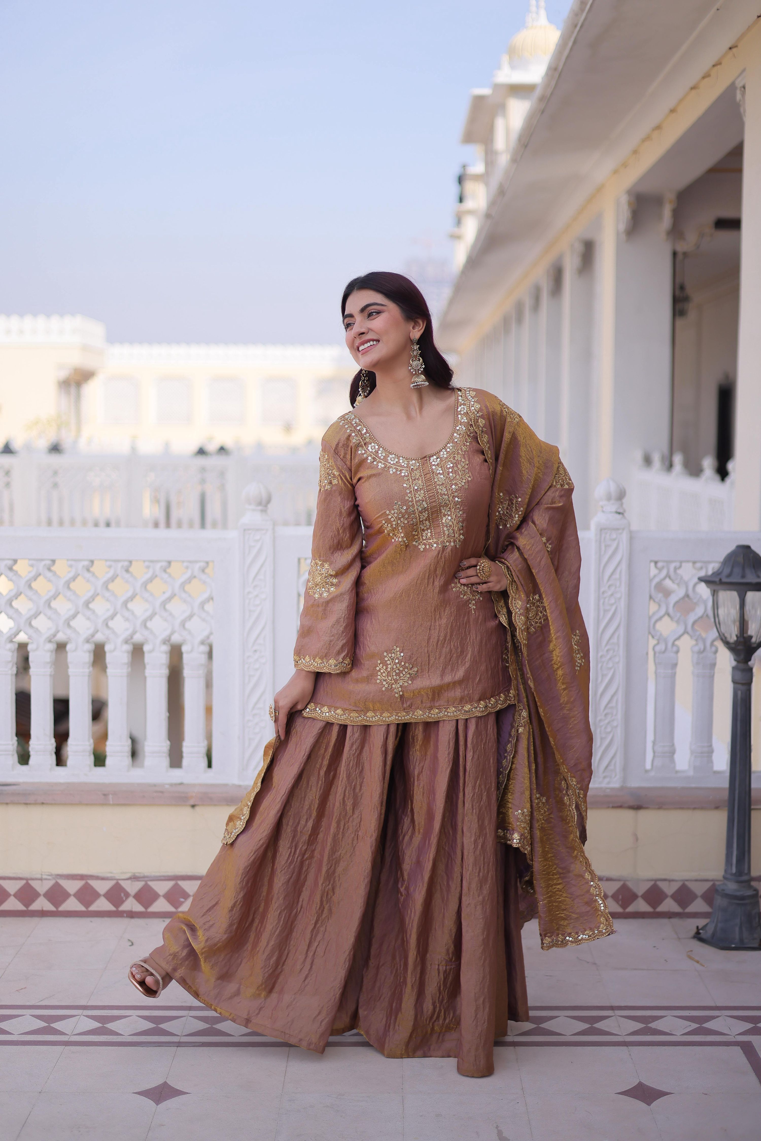 Brown Fendi Crush Zari Embroidered Sharara Set with Dupatta