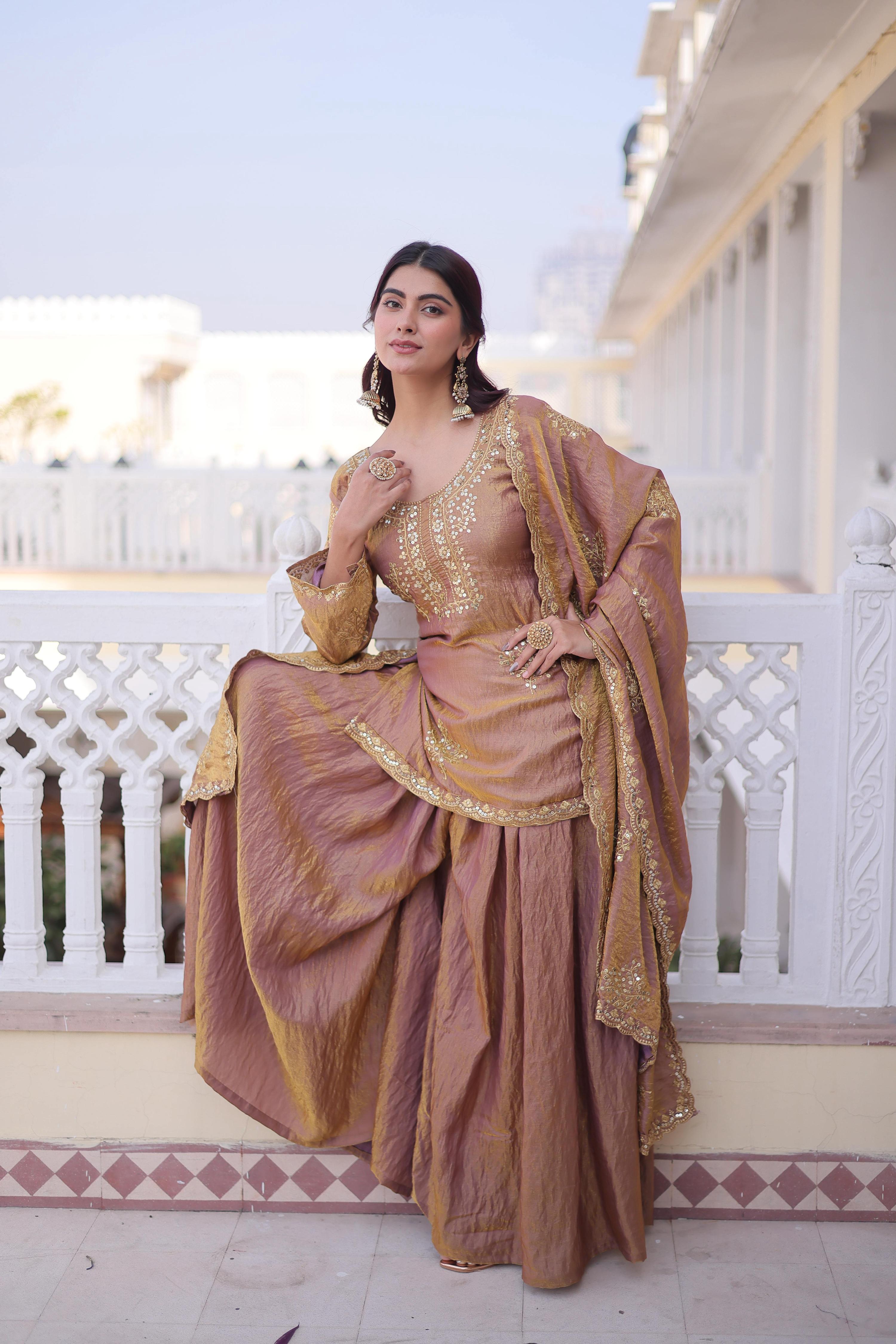 Brown Fendi Crush Zari Embroidered Sharara Set with Dupatta